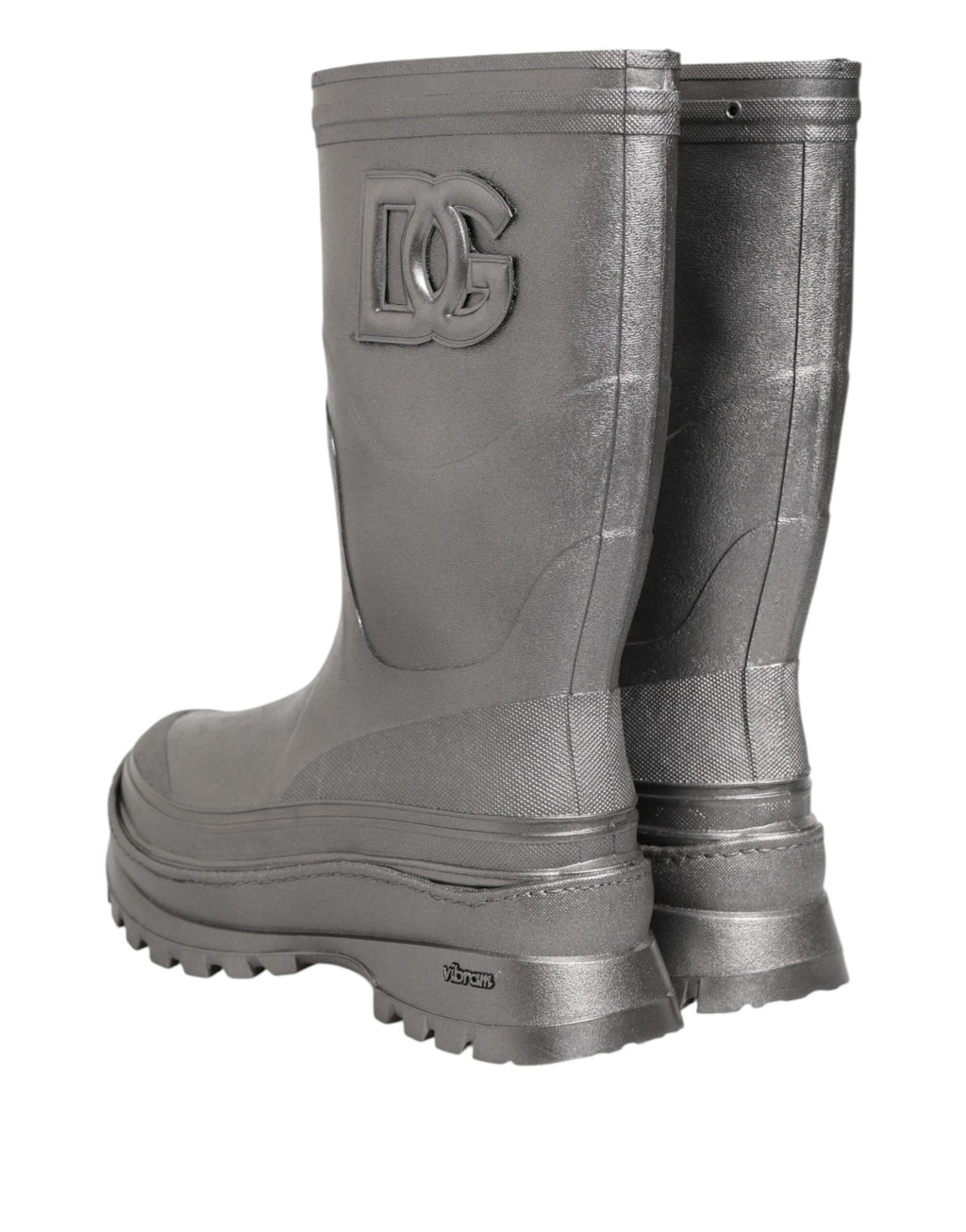Bottes de pluie métalliques argentées Dolce & Gabbana à enfiler, en caoutchouc brillant et tendance.