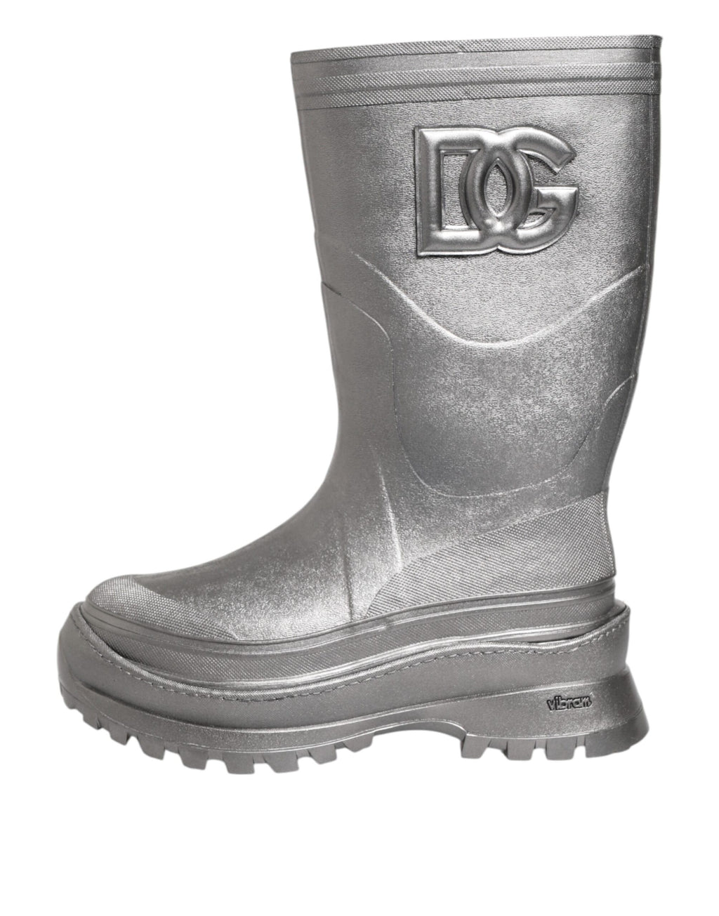 Bottes de pluie en métal argenté de Dolce & Gabbana, chaussures à enfiler, élégantes et brillantes.