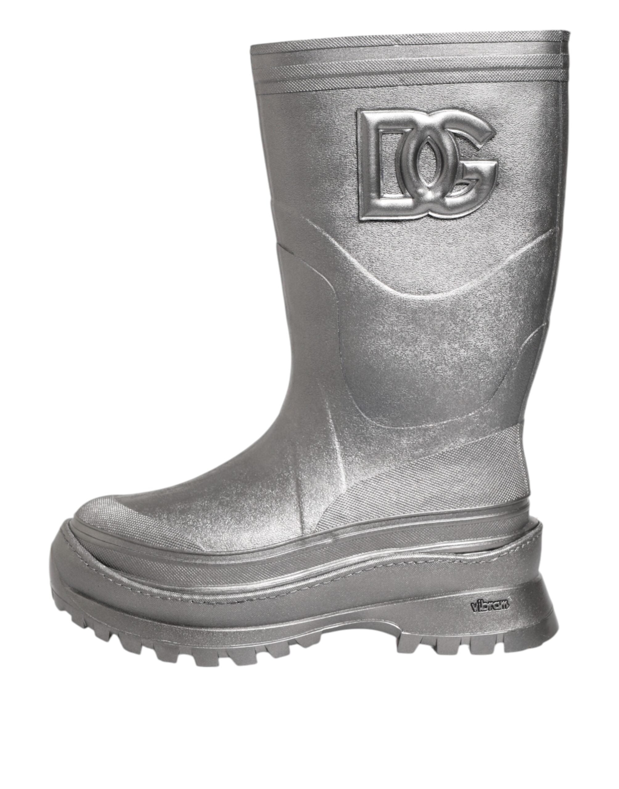 Bottes de pluie en métal argenté de Dolce & Gabbana, chaussures à enfiler, élégantes et brillantes.
