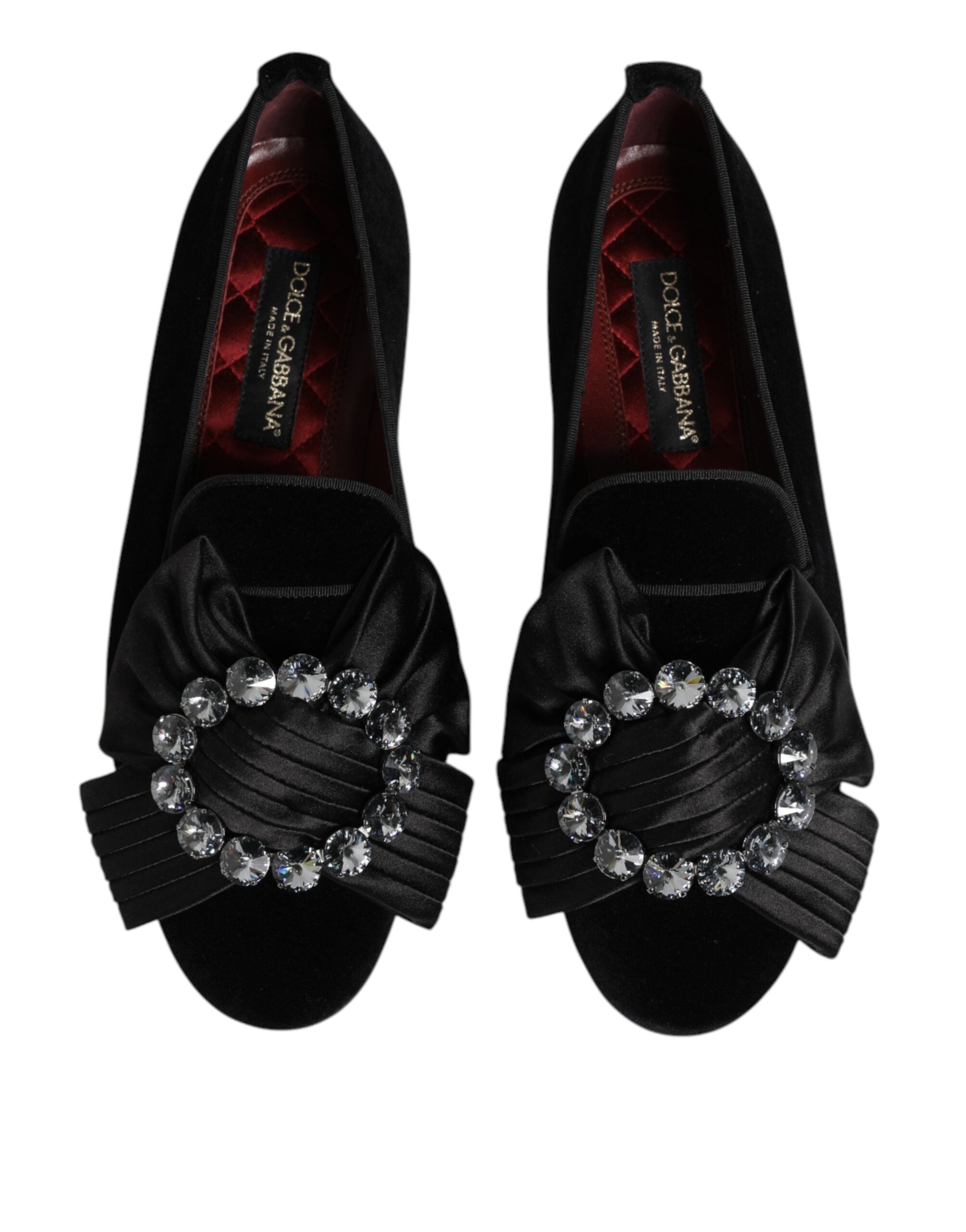 Chaussures Dolce & Gabbana VATICANO noires en satin avec ruban en cristal, slip-on élégantes et sophistiquées pour femme.