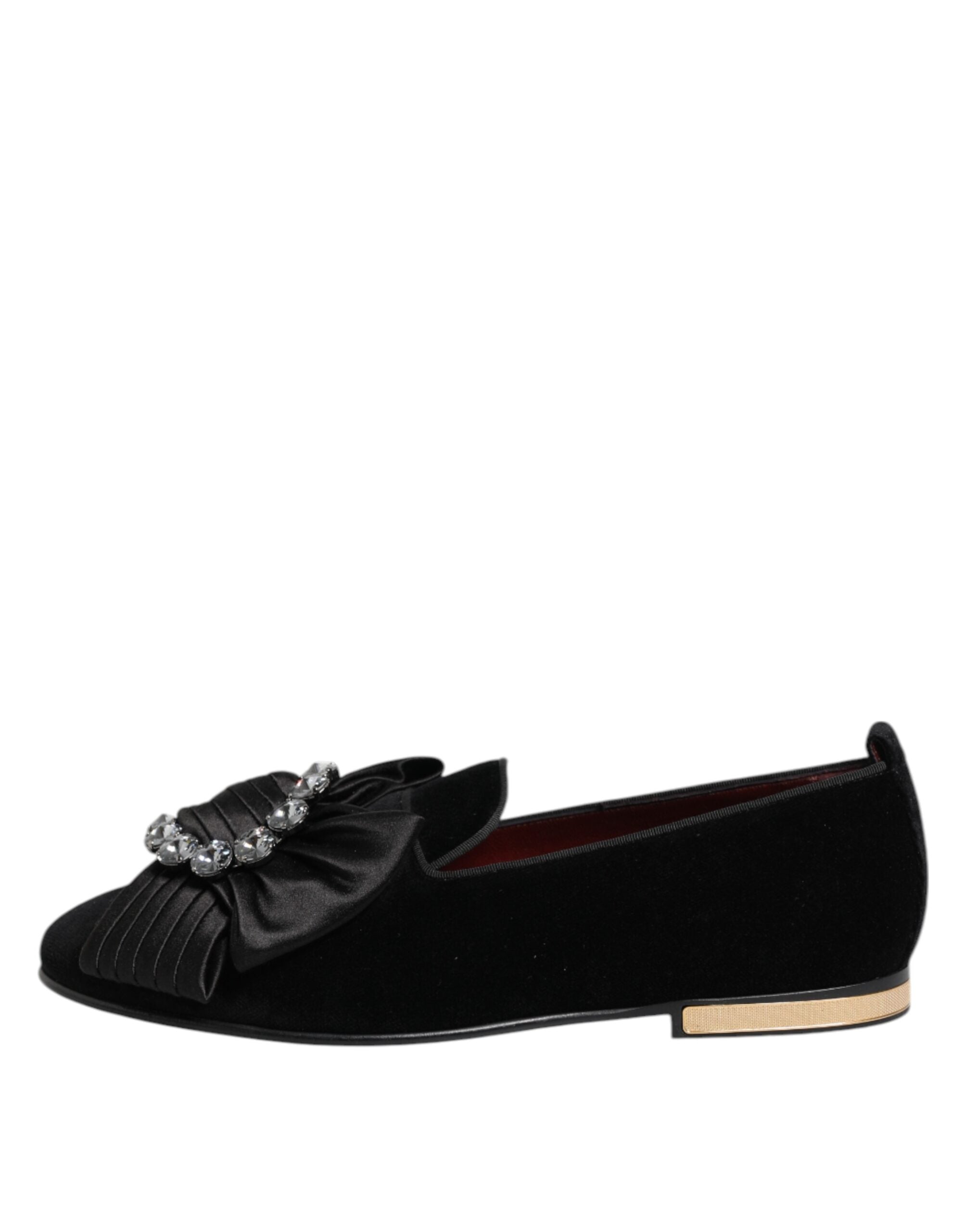 Chaussures Dolce & Gabbana VATICANO noires en satin avec ruban en cristal, chaussures slip-on élégantes et raffinées.