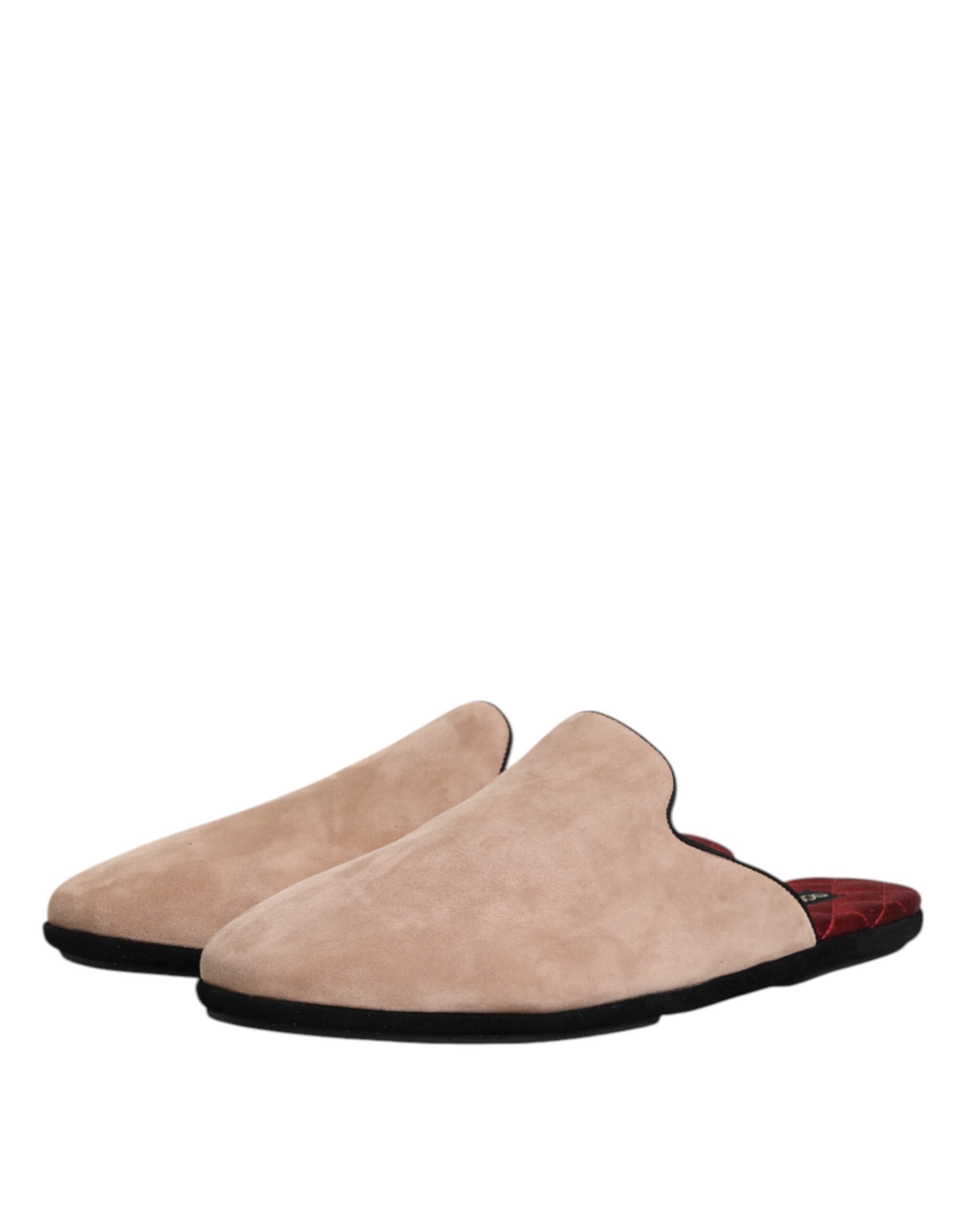Tongs Dolce & Gabbana en daim beige, chaussures plates en cuir pour femmes, visibles de face avec semelle en cuir.