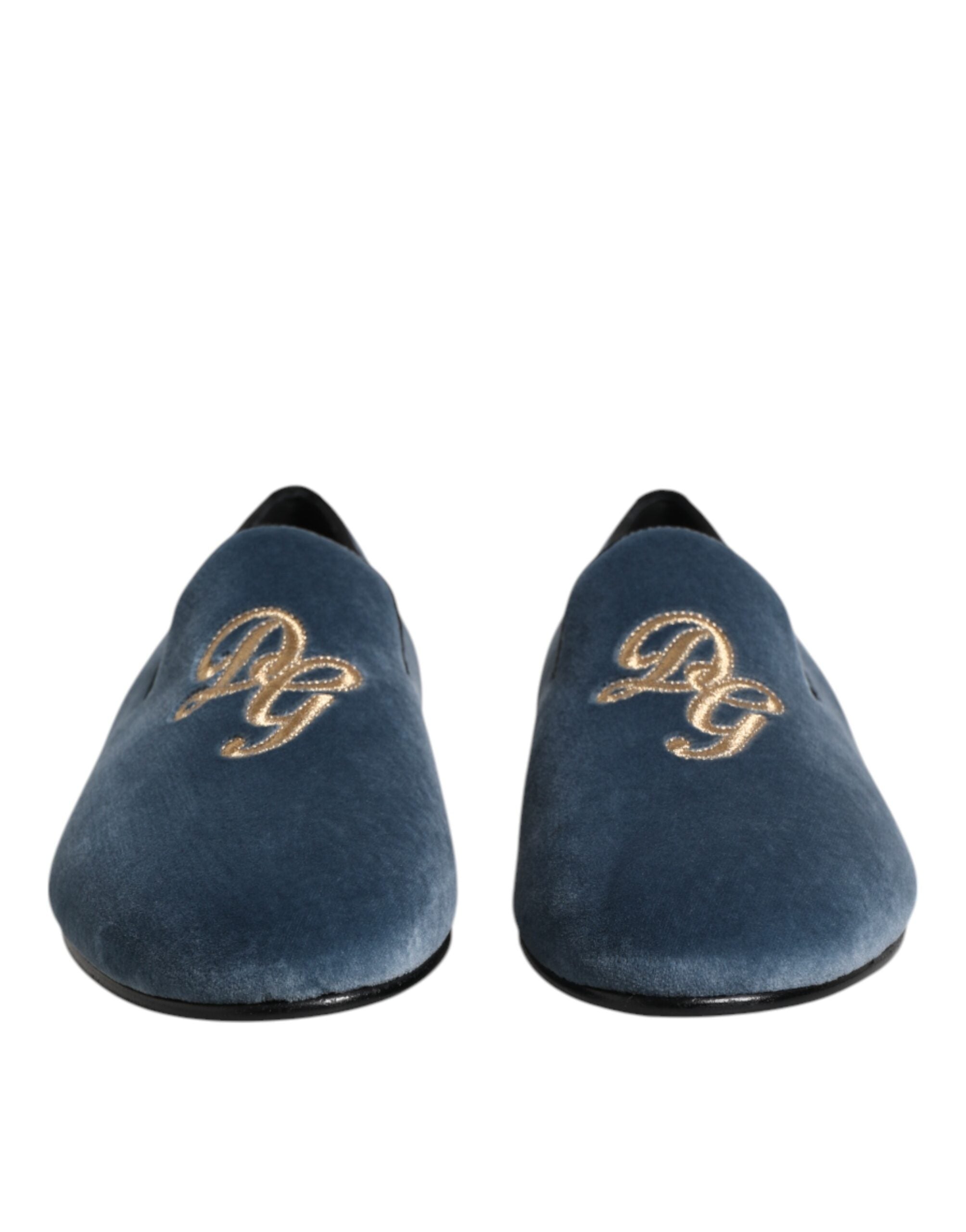 Chaussures Dolce & Gabbana Blue Velvet DG Logo, mocassins formels en velours bleu avec logo Dolce & Gabbana.