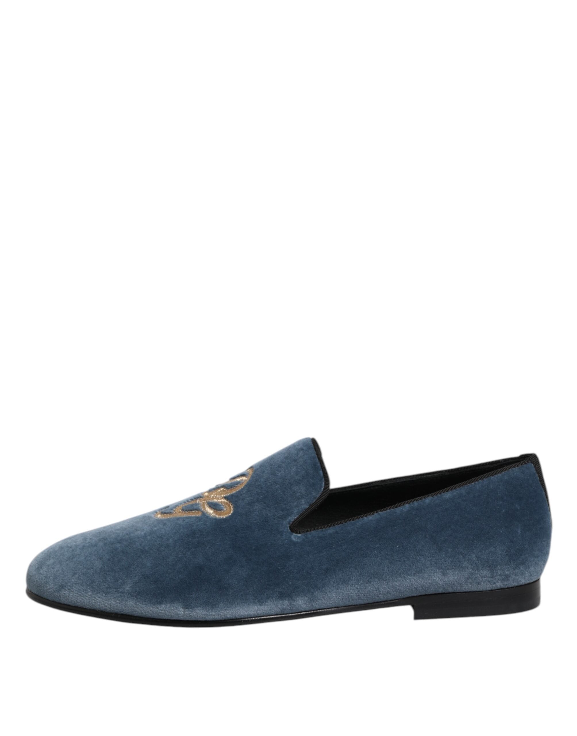 Mocassins en velours bleu Dolce & Gabbana avec logo DG, chaussures formelles élégantes et sophistiquées.