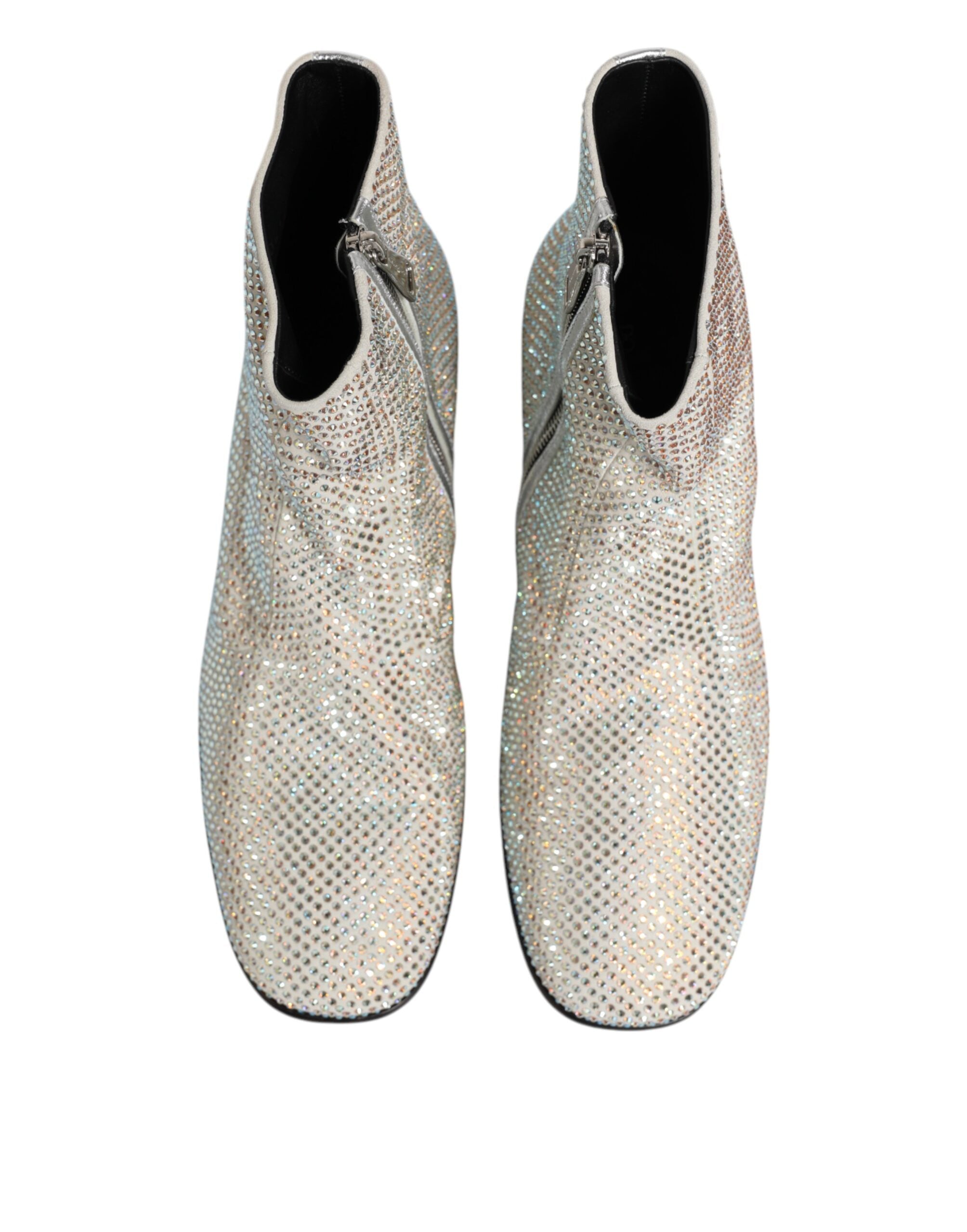 Chaussures Dolce & Gabbana talons blancs avec logo DG en strass, bottines élégantes pour femmes.