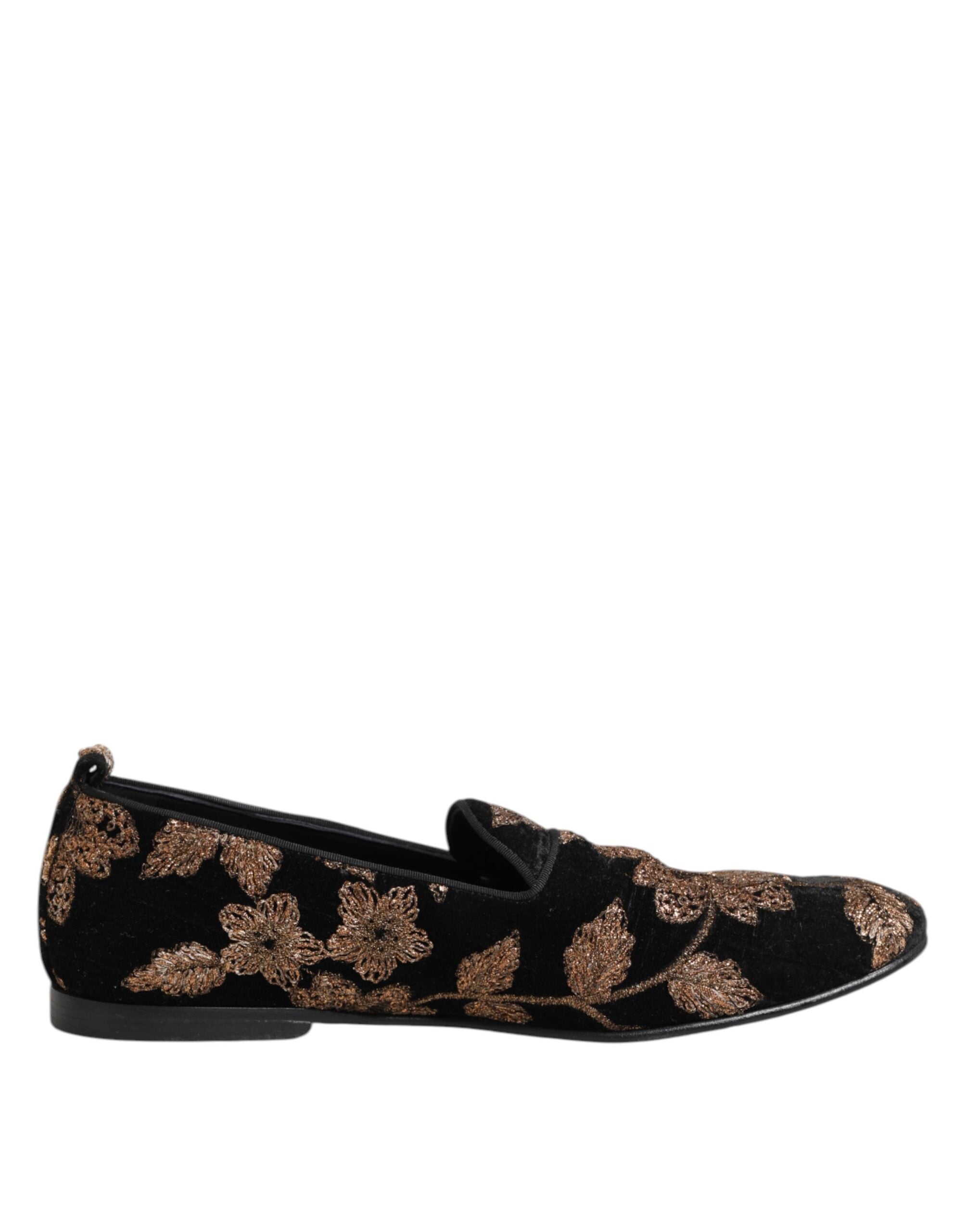 Chaussures mocassins pour hommes Dolce & Gabbana noir avec broderie florale élégante et détails sophistiqués.