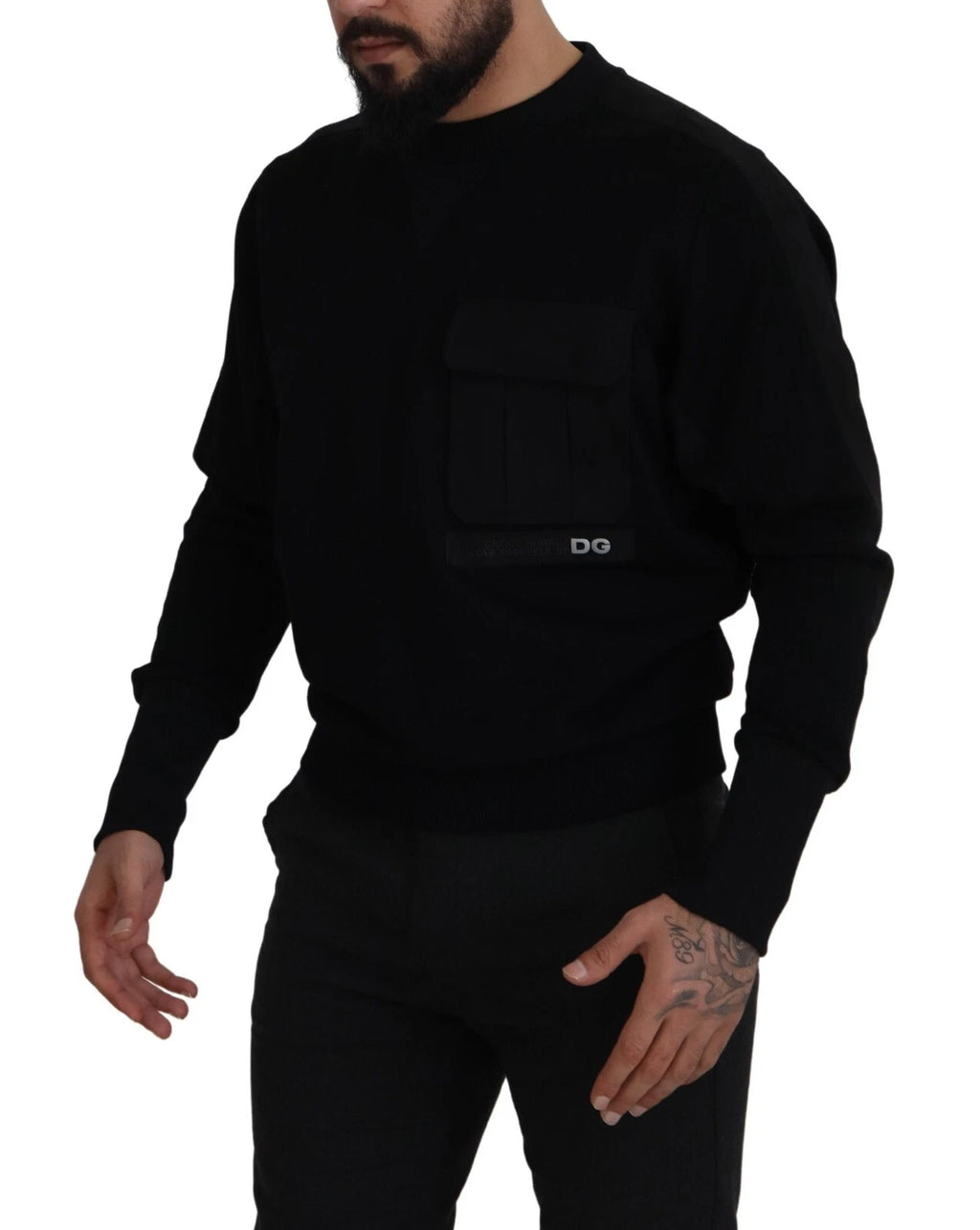 Sweatshirt Dolce & Gabbana en coton noir avec col rond et logo discret, vue de face.