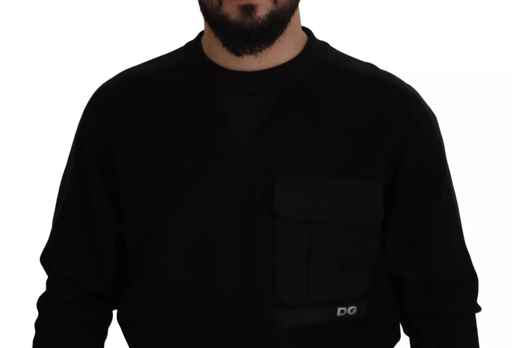 Sweatshirt à col rond en coton noir Dolce & Gabbana, pull décontracté avec logo brodé sur la poitrine.