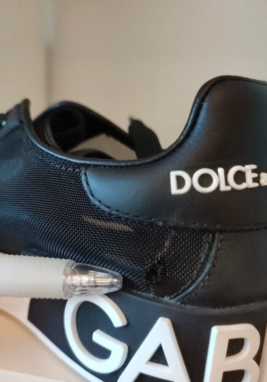 Chaussures Portofino en cuir de veau noir de Dolce & Gabbana, sneakers élégants avec semelle blanche et design moderne.