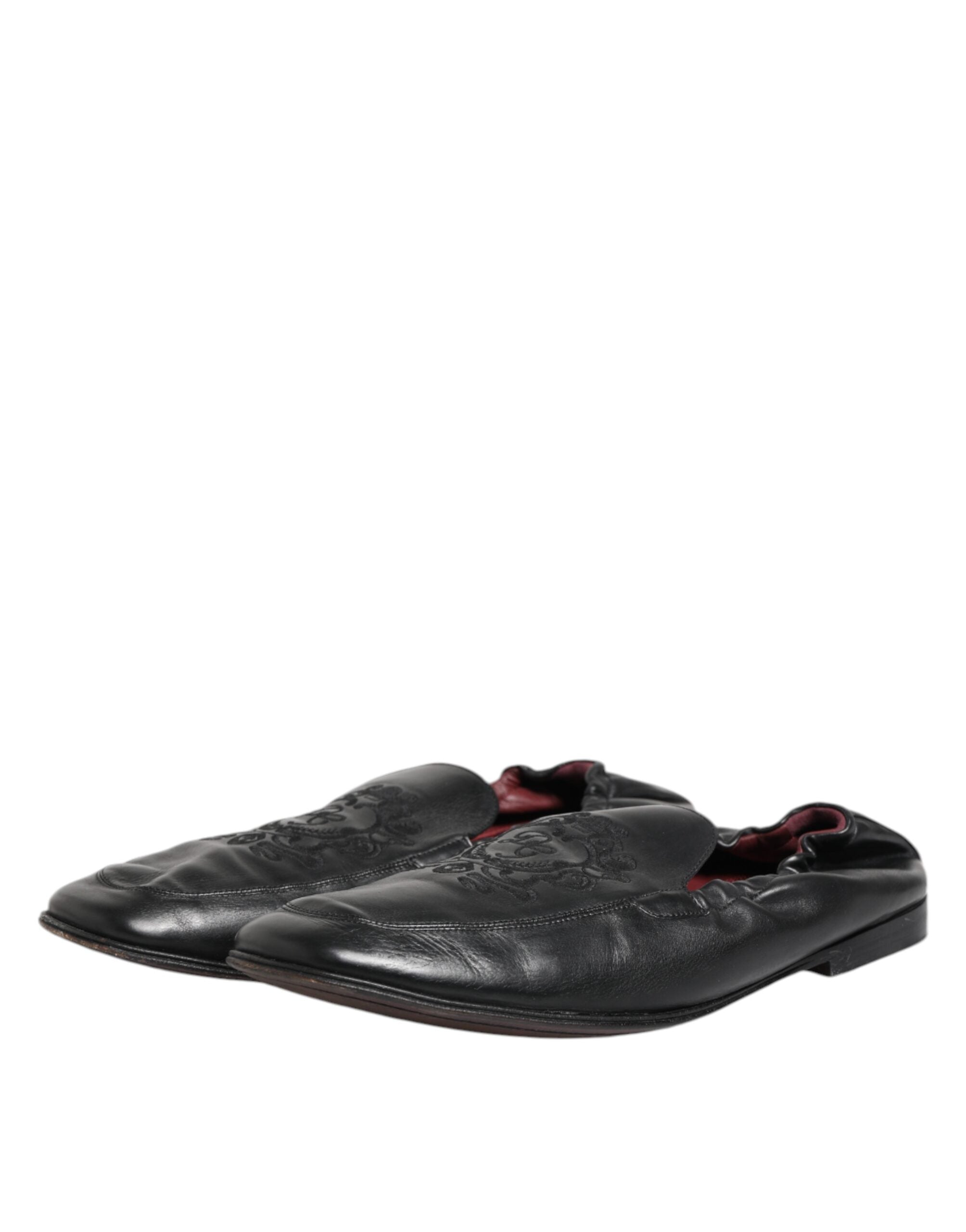 Chaussures mocassins hommes en cuir noir Dolce & Gabbana, chaussures plates à enfiler avec finition élégante.