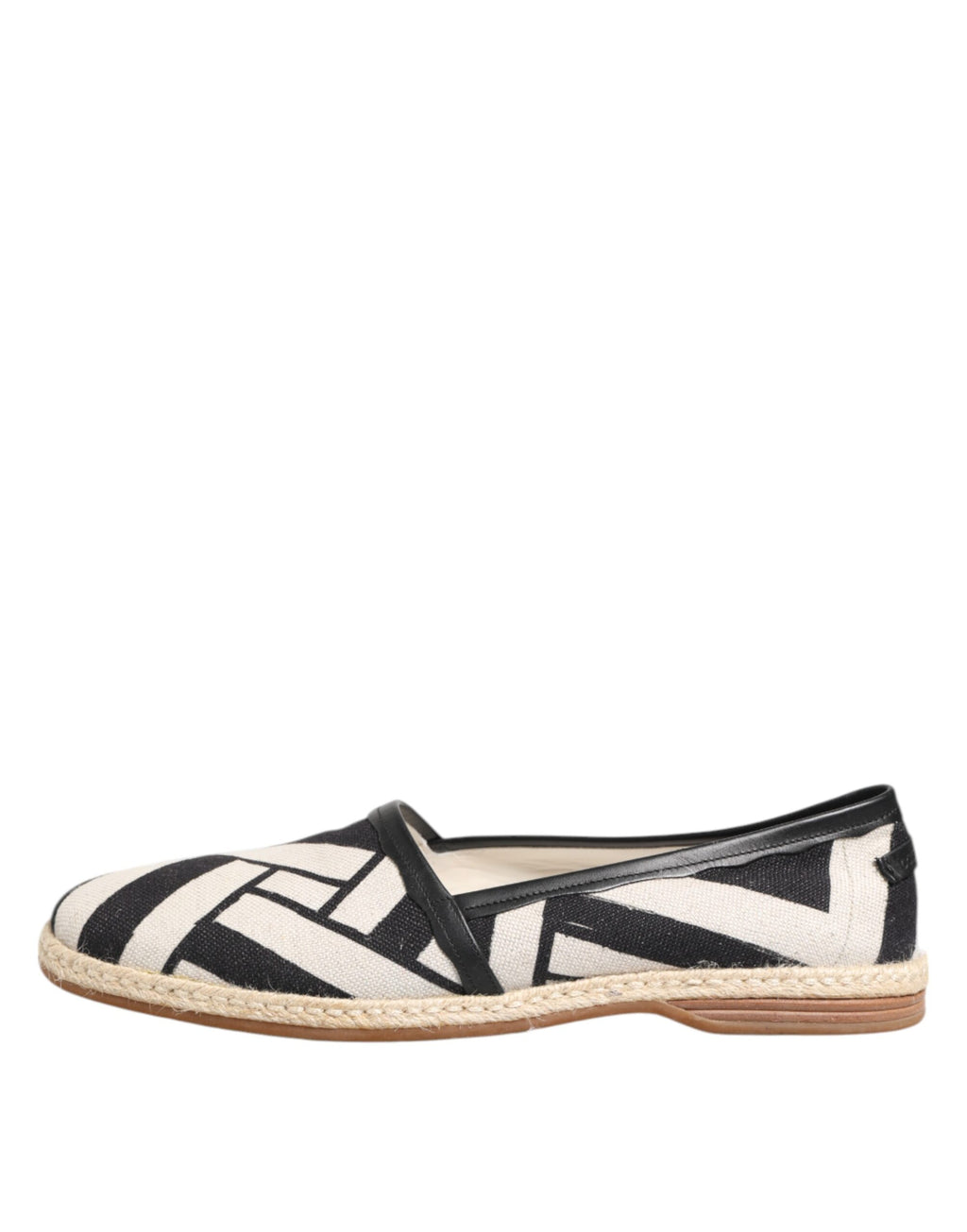 Chaussures espadrilles plates Dolce & Gabbana à rayures noires et blanches, vue de face, en toile avec semelle en corde.