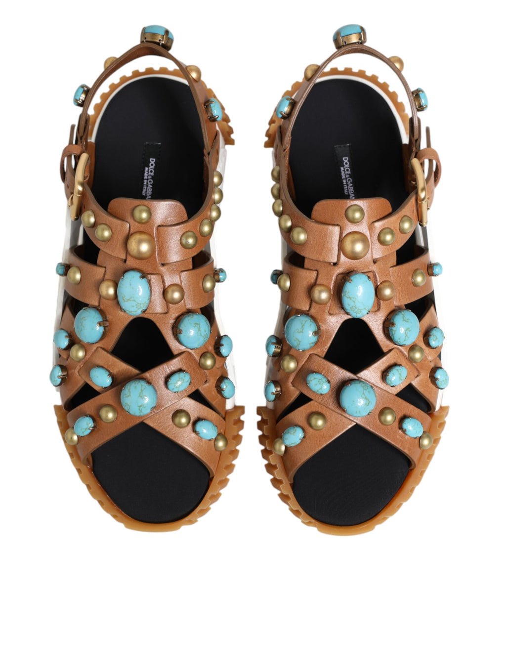 Sandales Dolce & Gabbana en cuir marron avec studs, chaussures élégantes à glissière, vue de face.