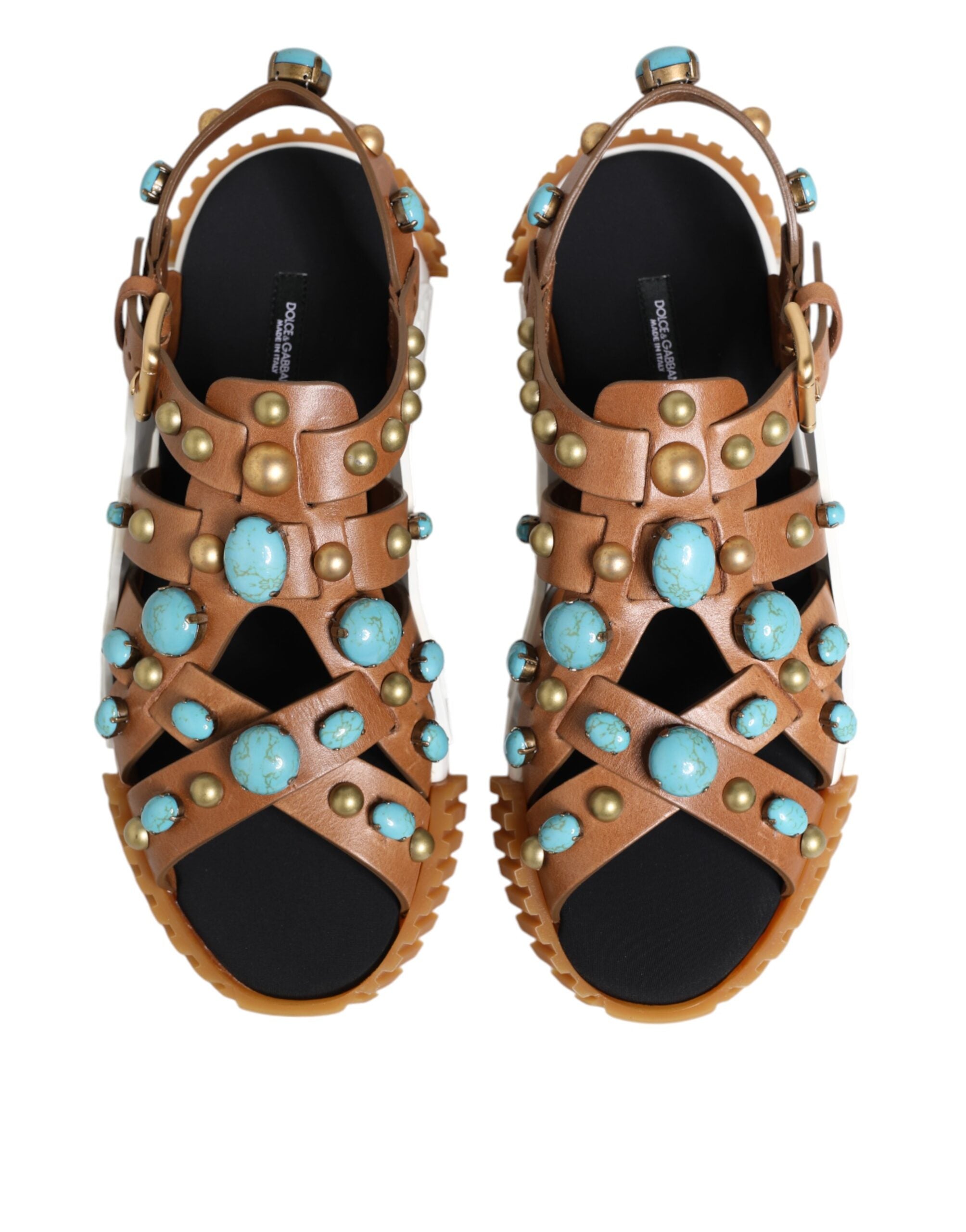 Sandales Dolce & Gabbana en cuir marron avec studs, chaussures élégantes à glissière, vue de face.