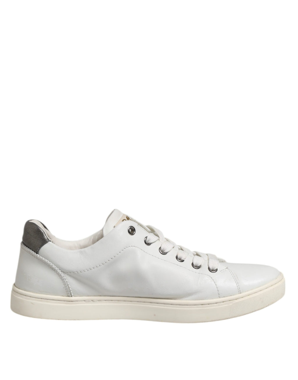 Chaussures homme Dolce & Gabbana Sacred Heart en blanc et argent, sneakers élégants avec détails religieux.