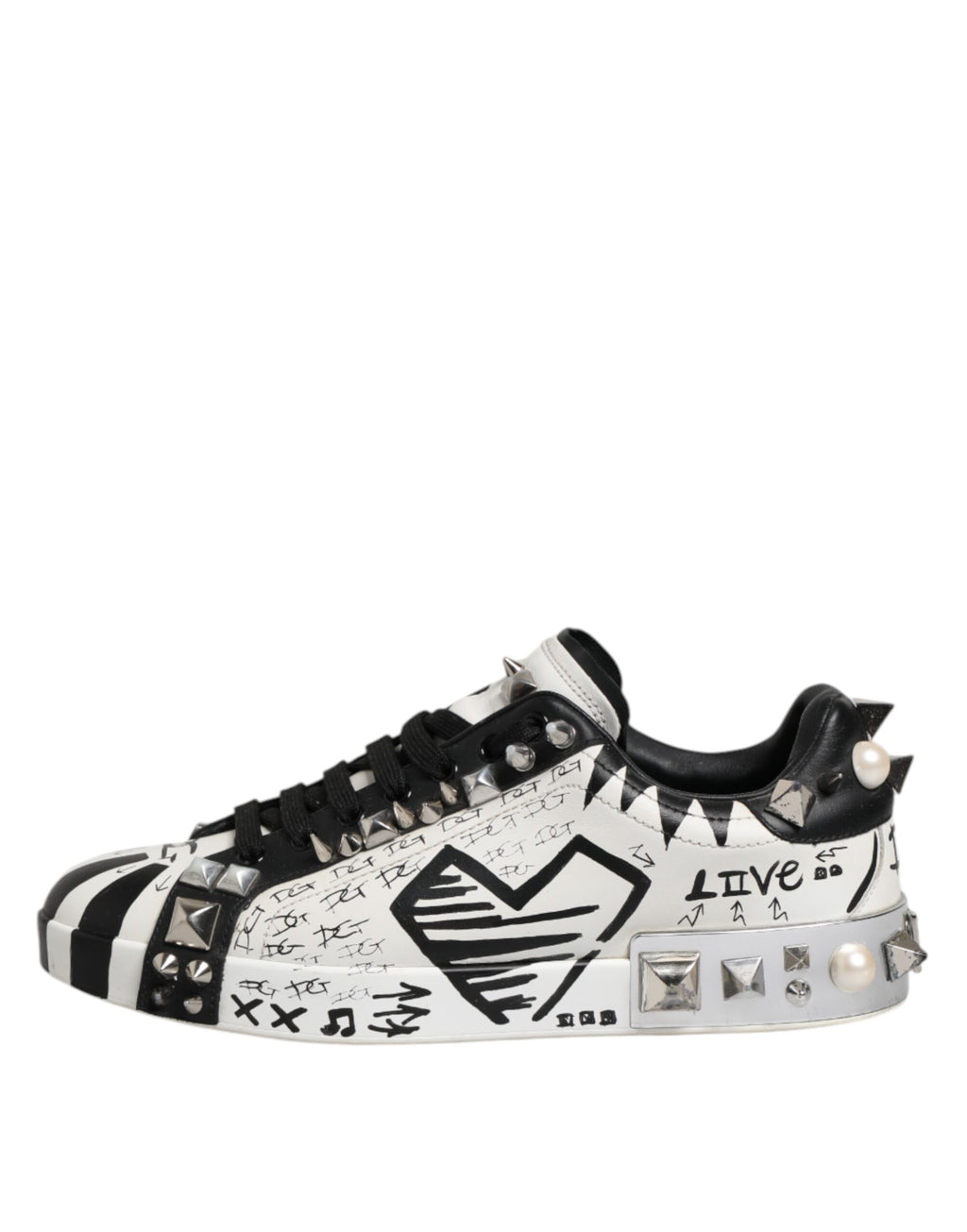 Chaussures basses Dolce & Gabbana noires et blanches avec clous, baskets stylées en cuir pour hommes.