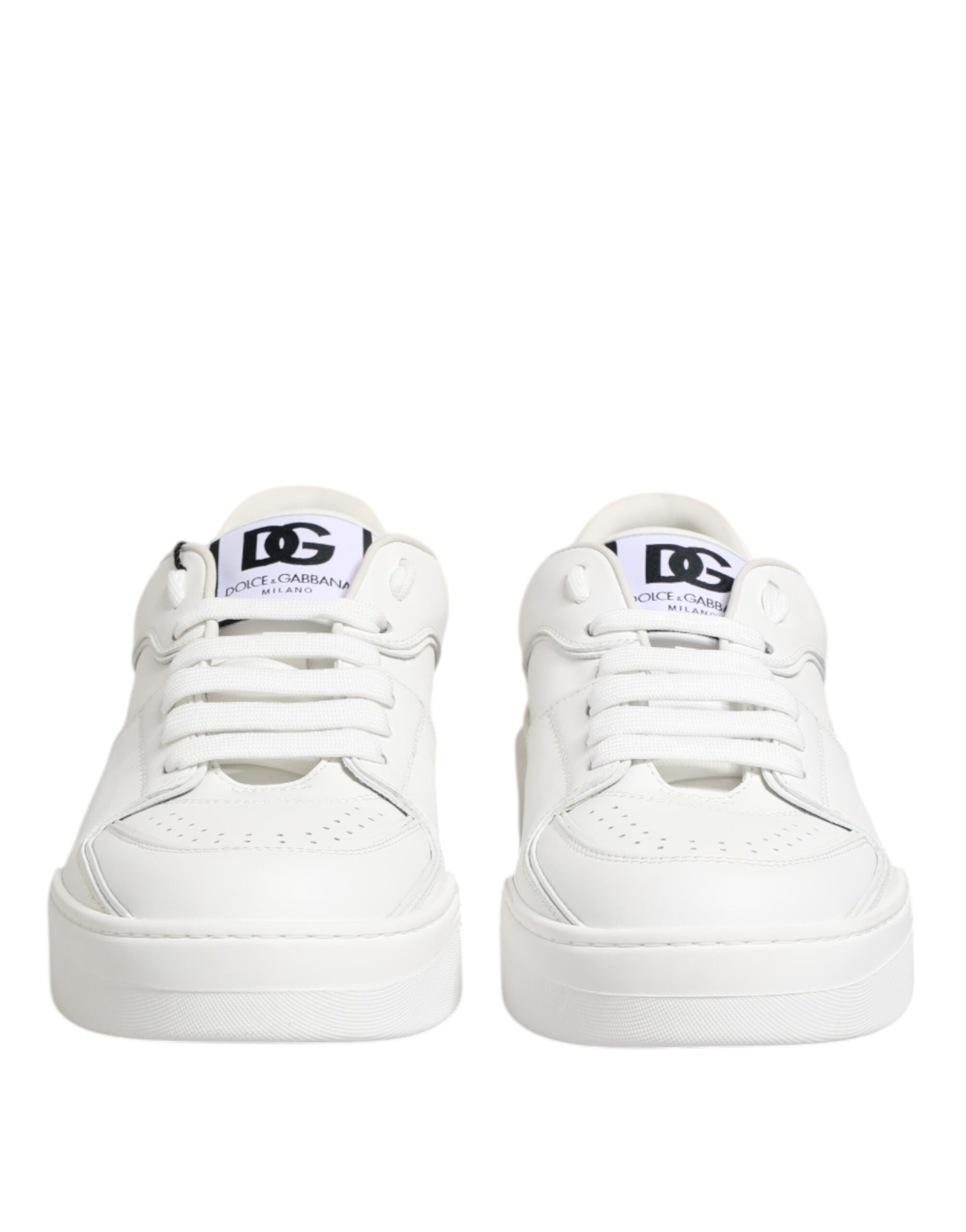 Chaussures sneakers basses en cuir blanc Dolce & Gabbana Miami Low Top, vue de face avec détails en cuir et semelle blanche élégante