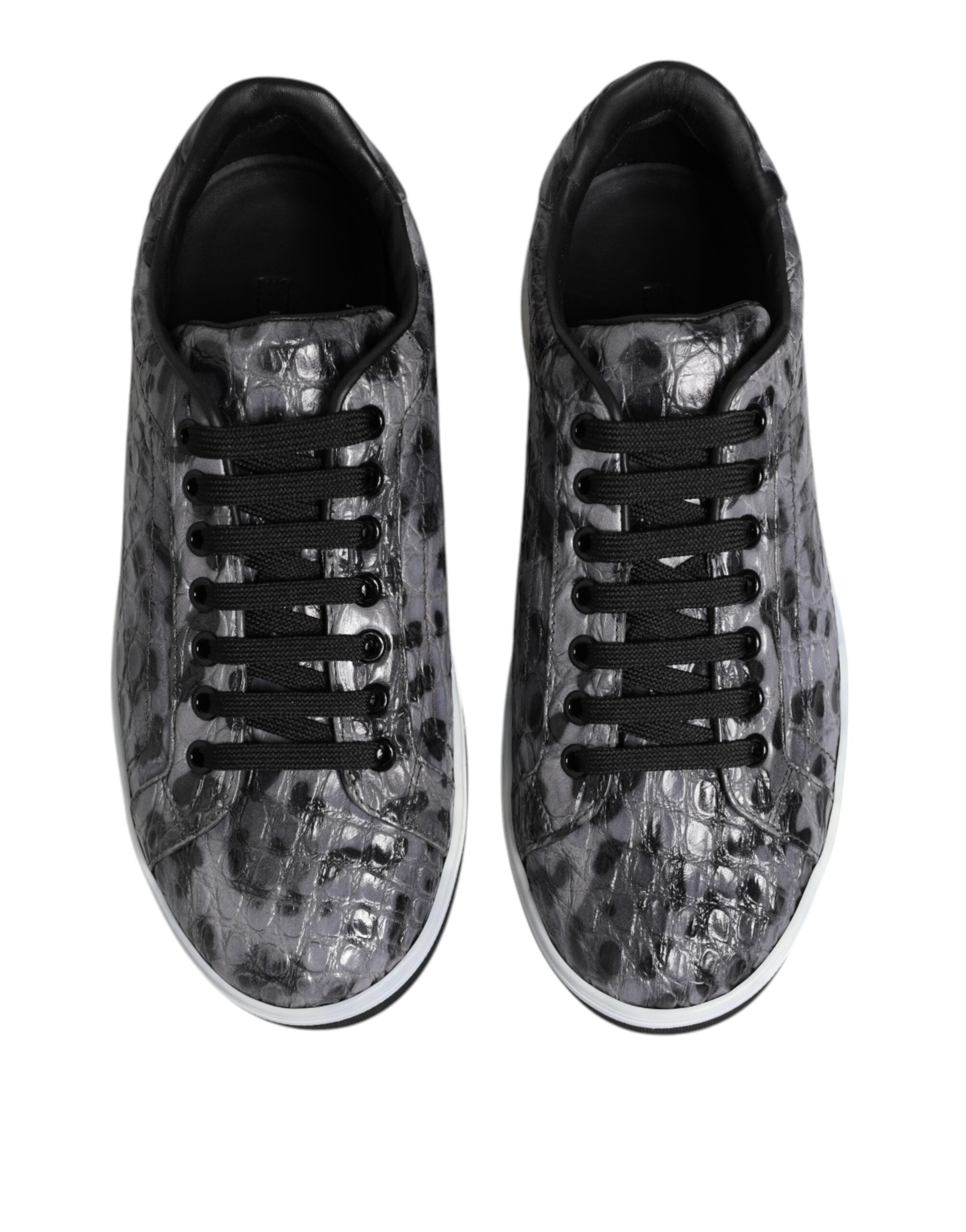 Chaussures basses en cuir gris Dolce & Gabbana avec motif léopard, sneakers tendance pour homme.