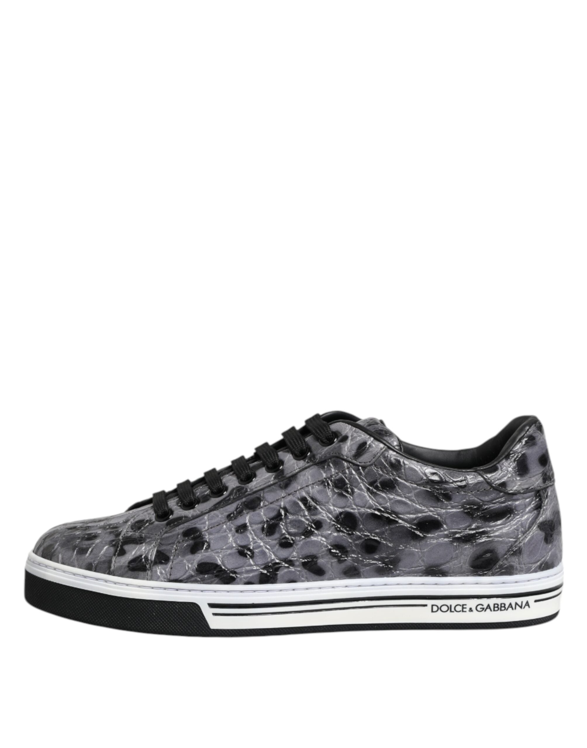 Chaussures sneakers basses en cuir gris à motif léopard de Dolce & Gabbana, style élégant et tendance.