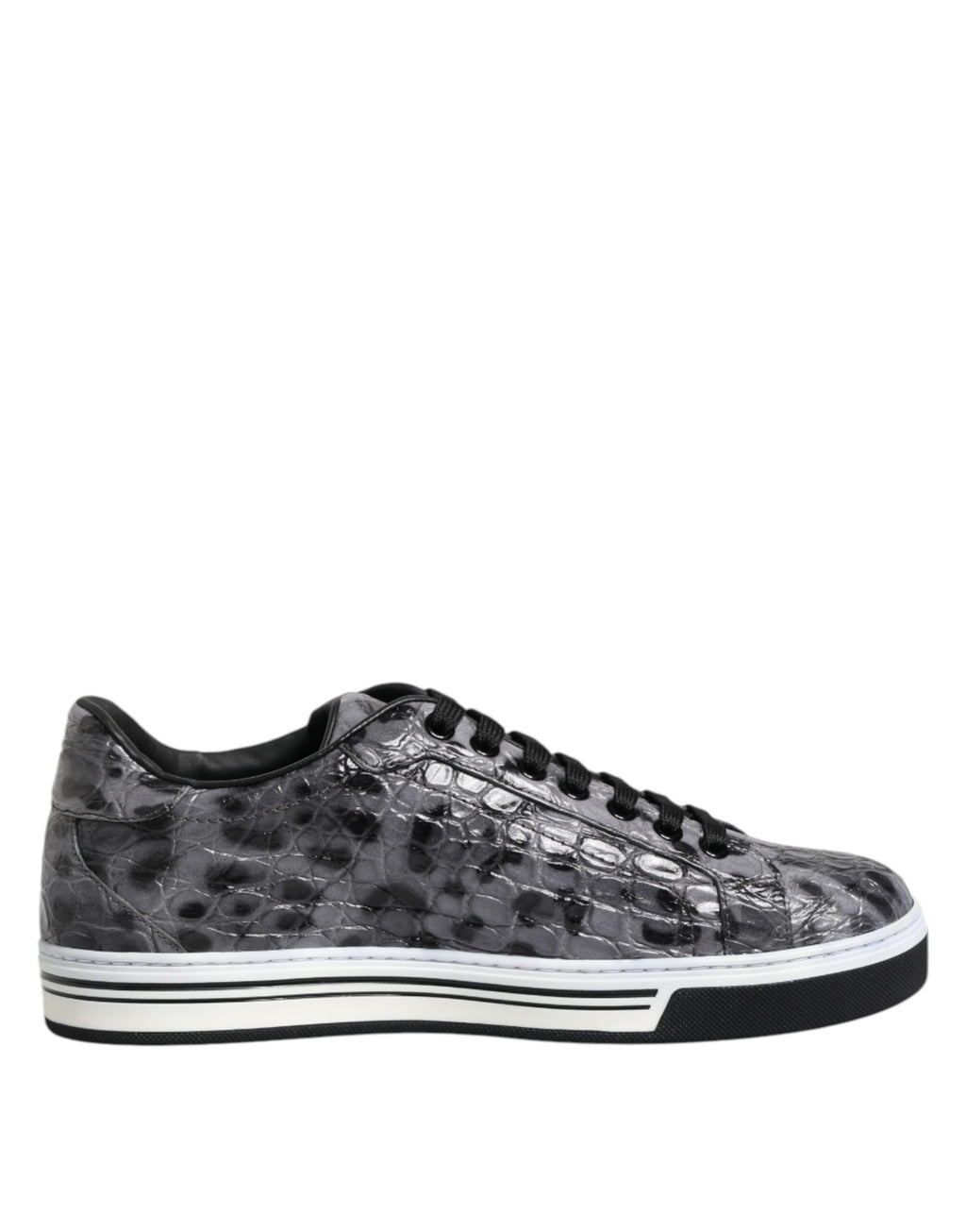 Chaussures basses en cuir gris Dolce & Gabbana avec motif léopard, sneakers élégants et confortables pour homme et femme.