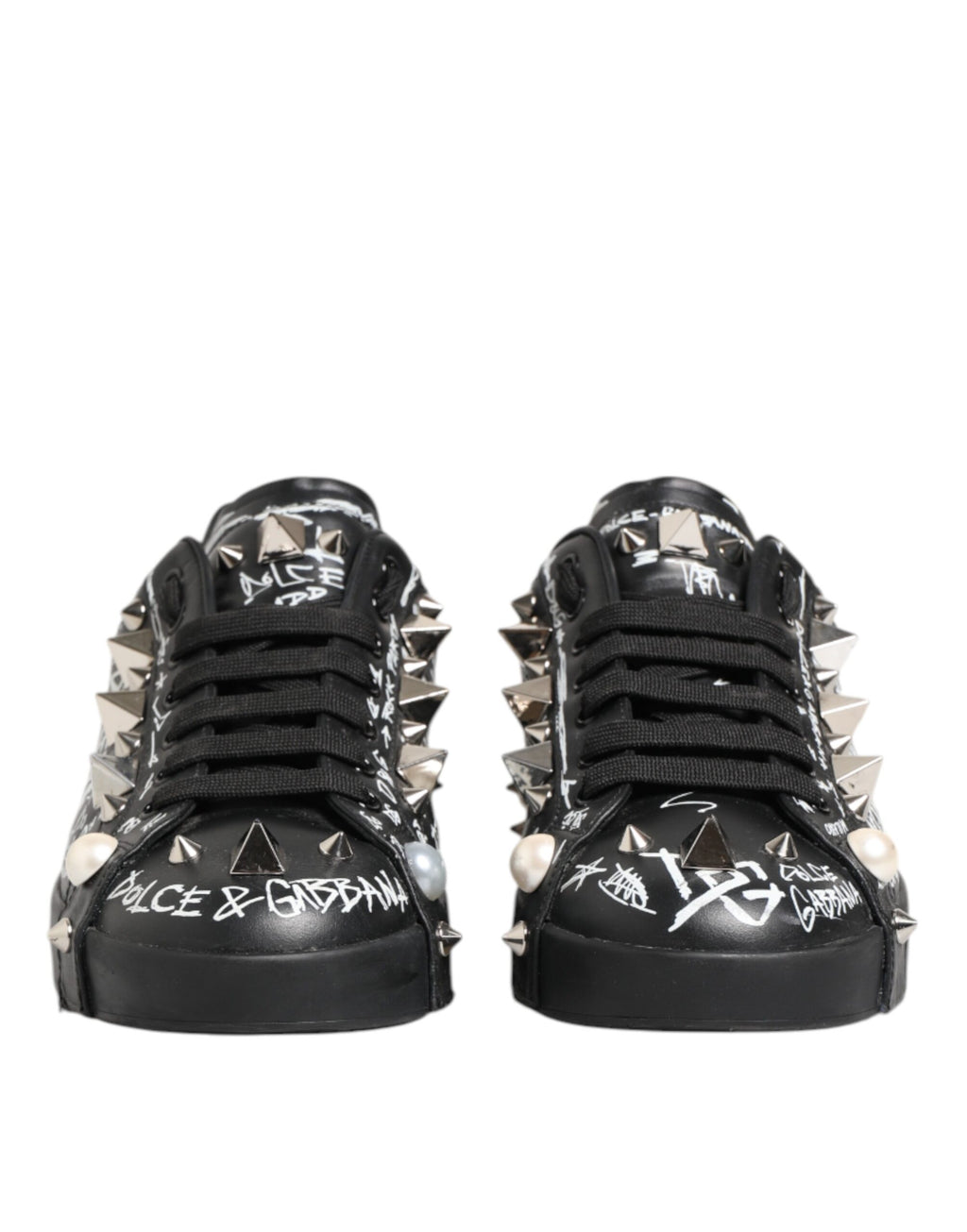 Sneakers noires Dolce & Gabbana Portofino Stud avec embellissements, vue de face, chaussures de mode élégantes et tendance.