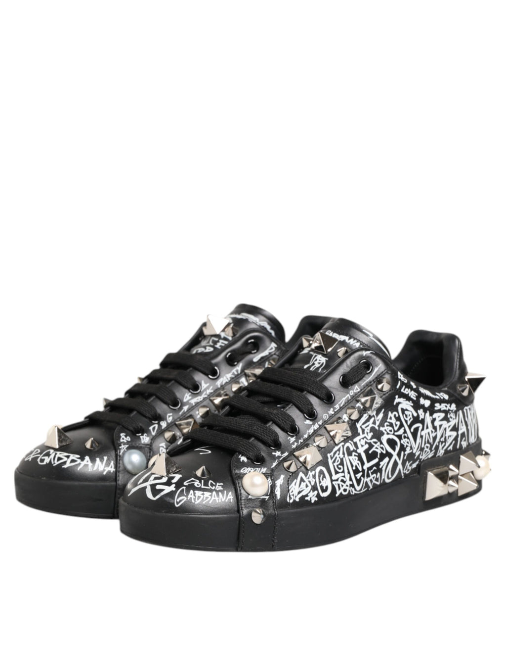 Chaussures sneakers Dolce & Gabbana Portofino noires avec embellissements de studs, vue de face et détails du design.
