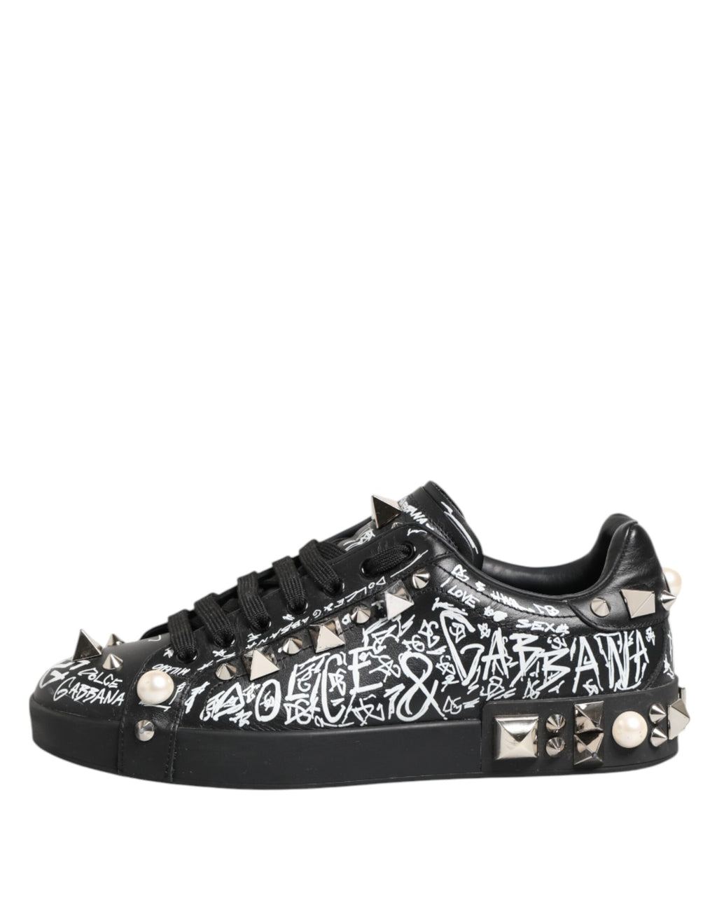 Chaussures sneakers Dolce & Gabbana Portofino noires avec studs ornementaux et détails élégants visibles sur l'image.