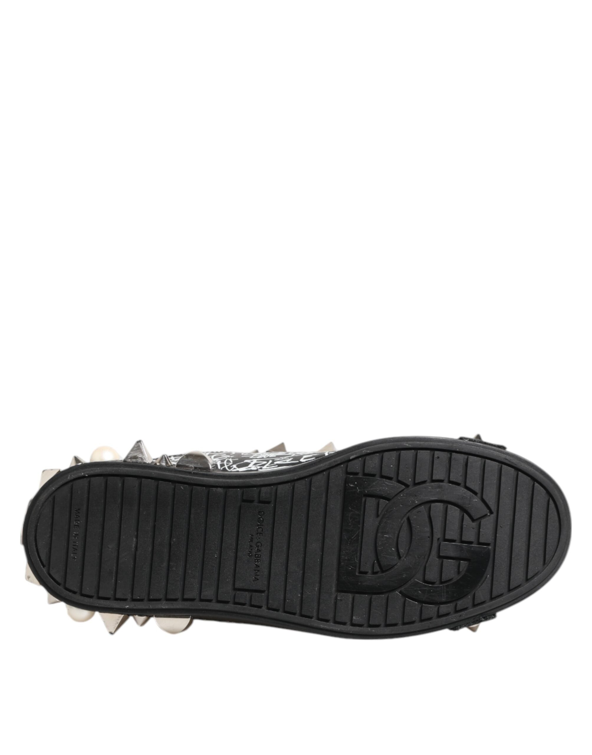 Chaussures sneakers Dolce & Gabbana Portofino noires avec ornements à clous et détails élégants, vue de face.