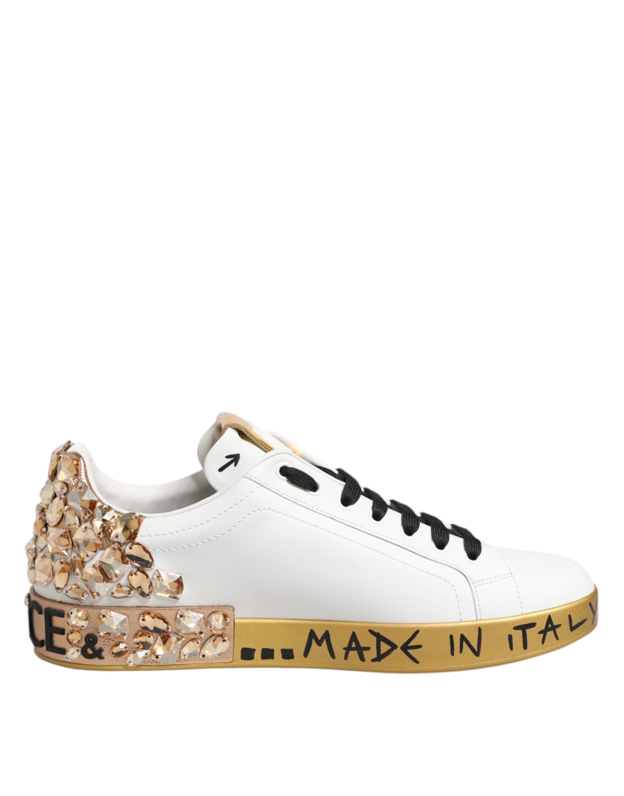 Chaussures sneakers Portofino blanches en or blanc et cristaux de Dolce & Gabbana, vues de face avec détails brillants.