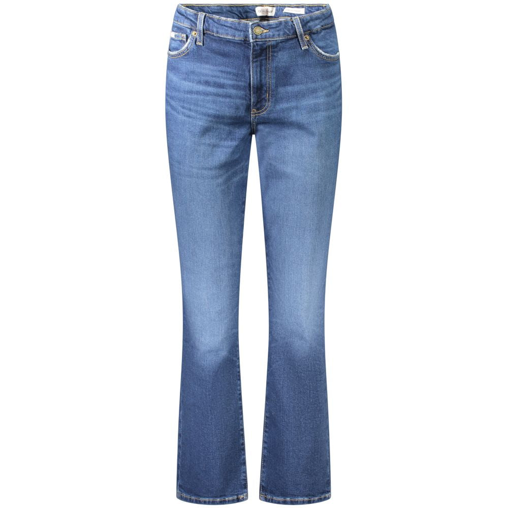 Jeans droits en coton bleu pour femmes de la marque Guess Jeans, vue de face sur un mannequin.