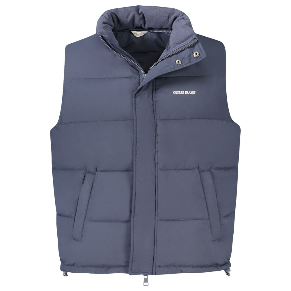 Veste sans manches en polyester bleu Guess Jeans pour hommes, style décontracté, vue de face.