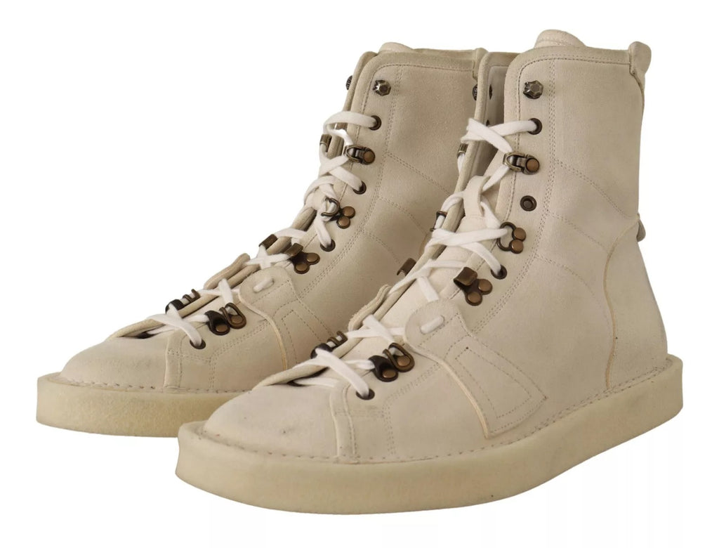 Bottes pour hommes en cuir blanc Dolce & Gabbana avec lacets, profil élégant et semelle en caoutchouc.