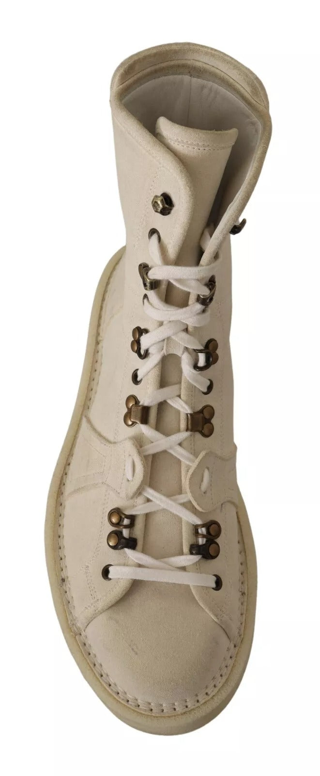 Bottes pour hommes en cuir blanc Dolce & Gabbana avec lacets, style élégant et sophistiqué, vue de face.
