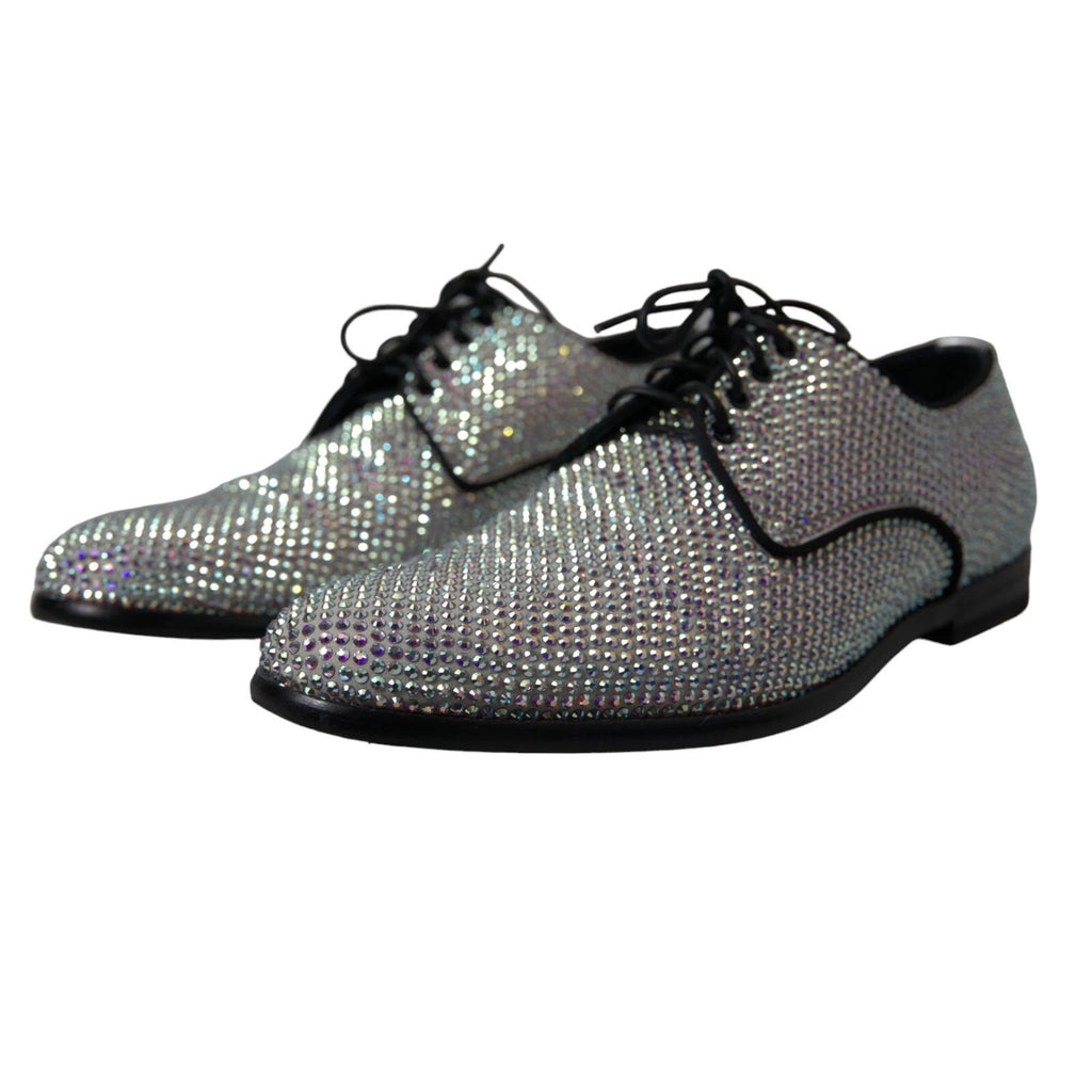 Chaussures Derby en cuir argenté avec strass de Dolce & Gabbana, élégantes et brillantes, pour un style sophistiqué.