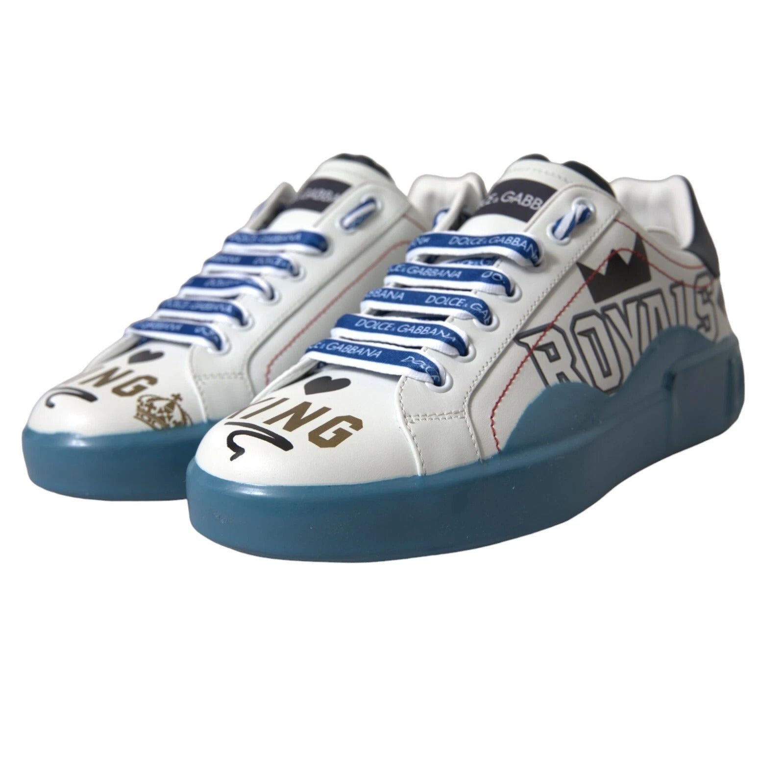 Chaussures portofino Dolce & Gabbana bleues et blanches à imprimé, sneakers élégants avec design coloré et moderne.