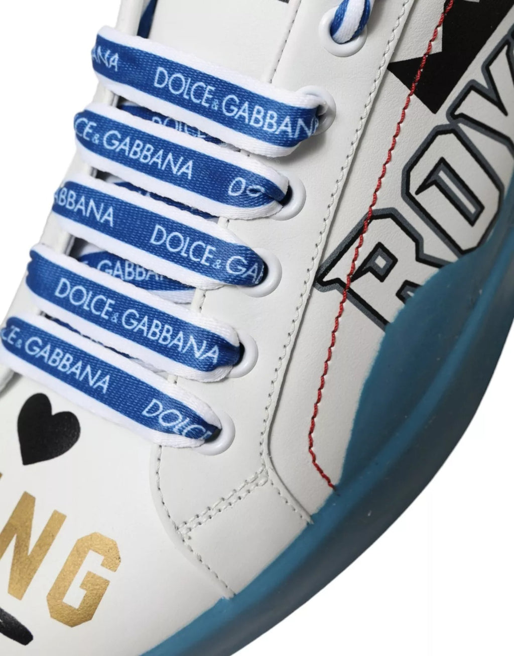 Sneakers Portofino imprimées en bleu et blanc de Dolce & Gabbana, style décontracté avec motif floral.