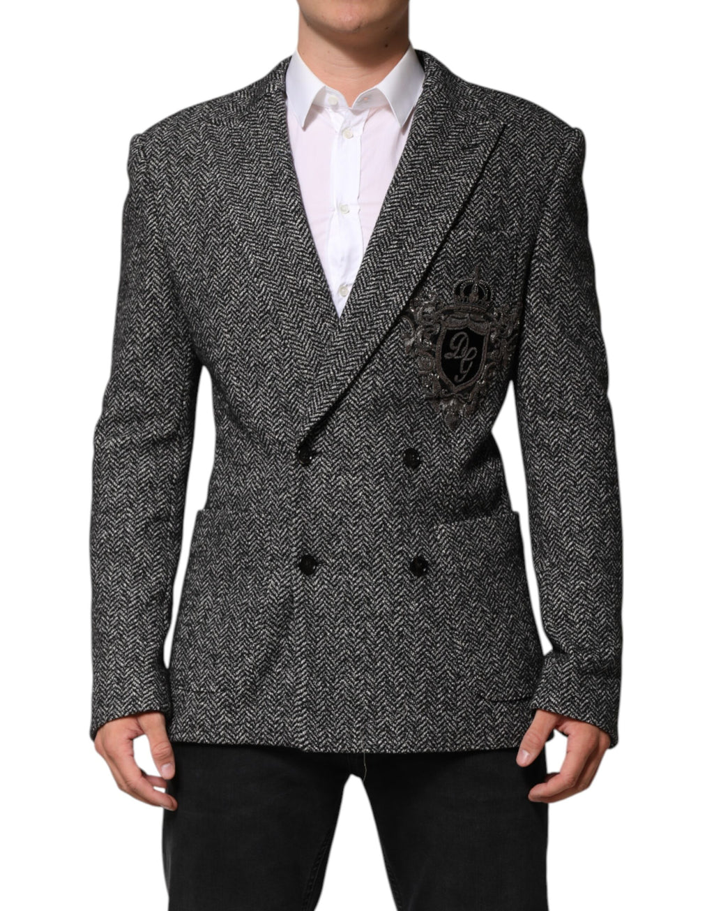 Dolce & Gabbana Dark Gray White Double Breasted Men Suit Blazer