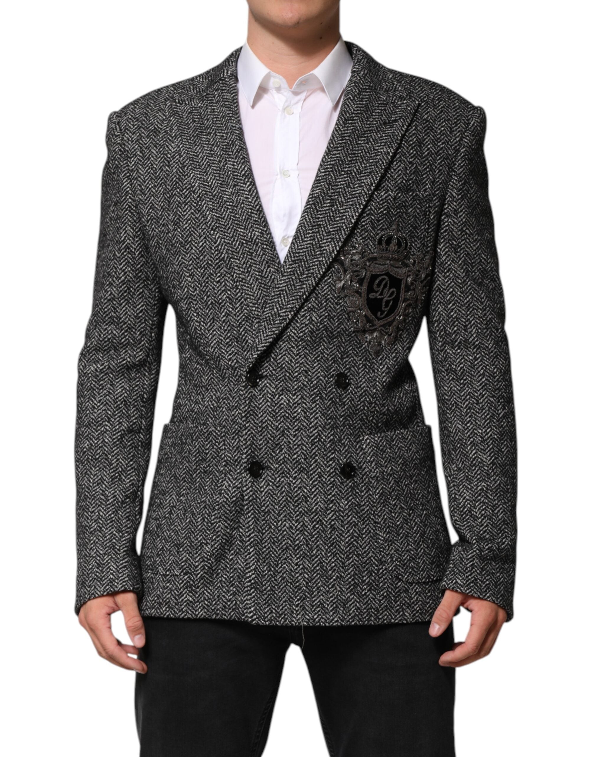 Dolce & Gabbana Dark Gray White Double Breasted Men Suit Blazer