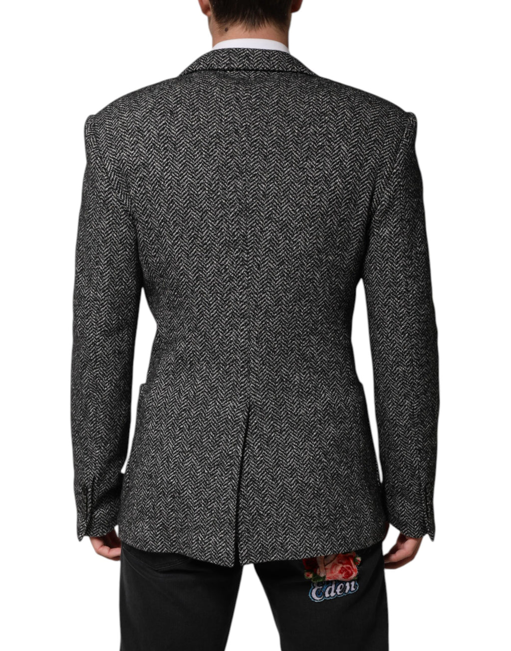 Costume pour homme Dolce & Gabbana noir et blanc, blazer à double boutonnage, style élégant et sophistiqué.