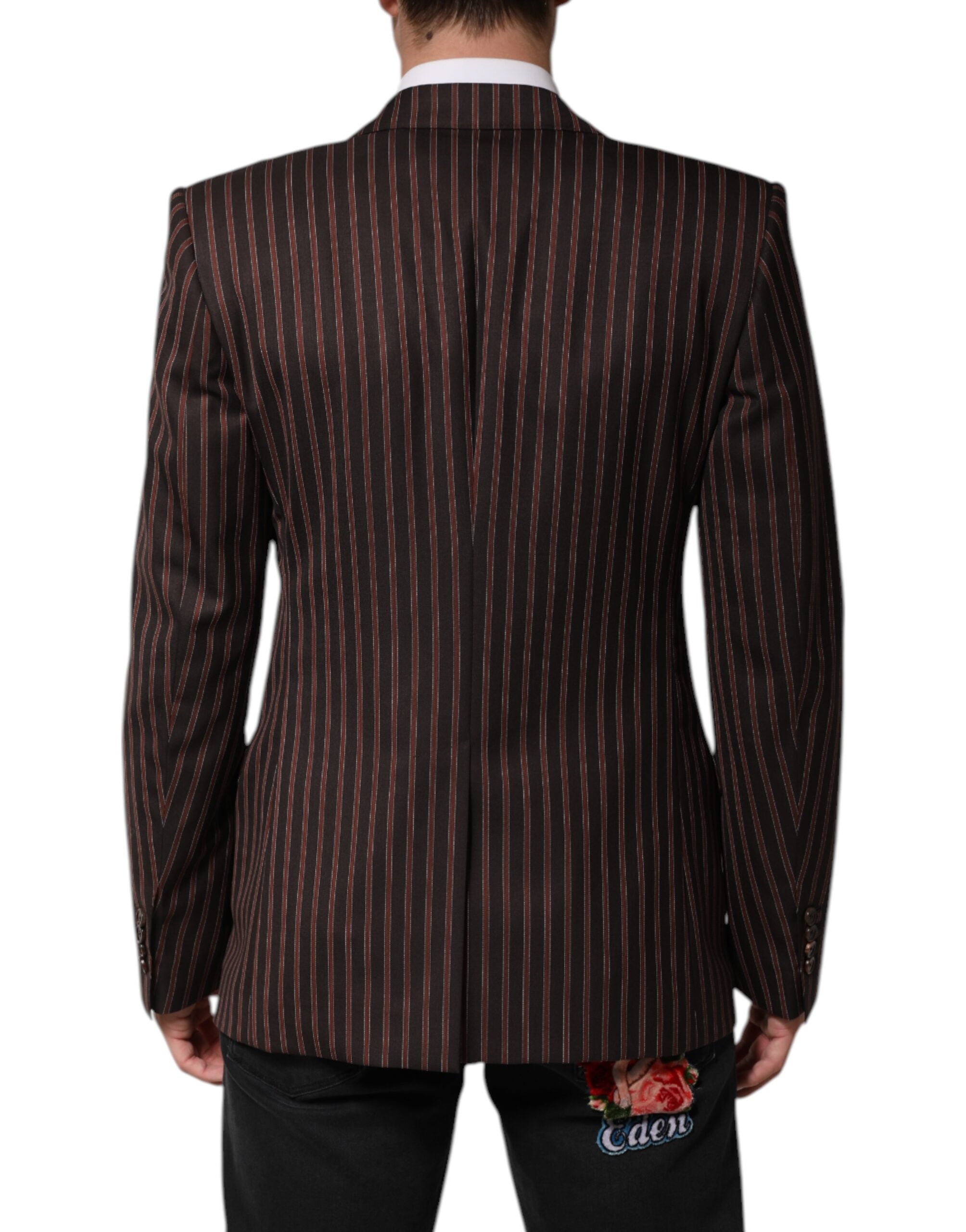 Veste blazer Dolce & Gabbana à rayures noires et marron, single-breasted, tissu élégant, portée masculine.