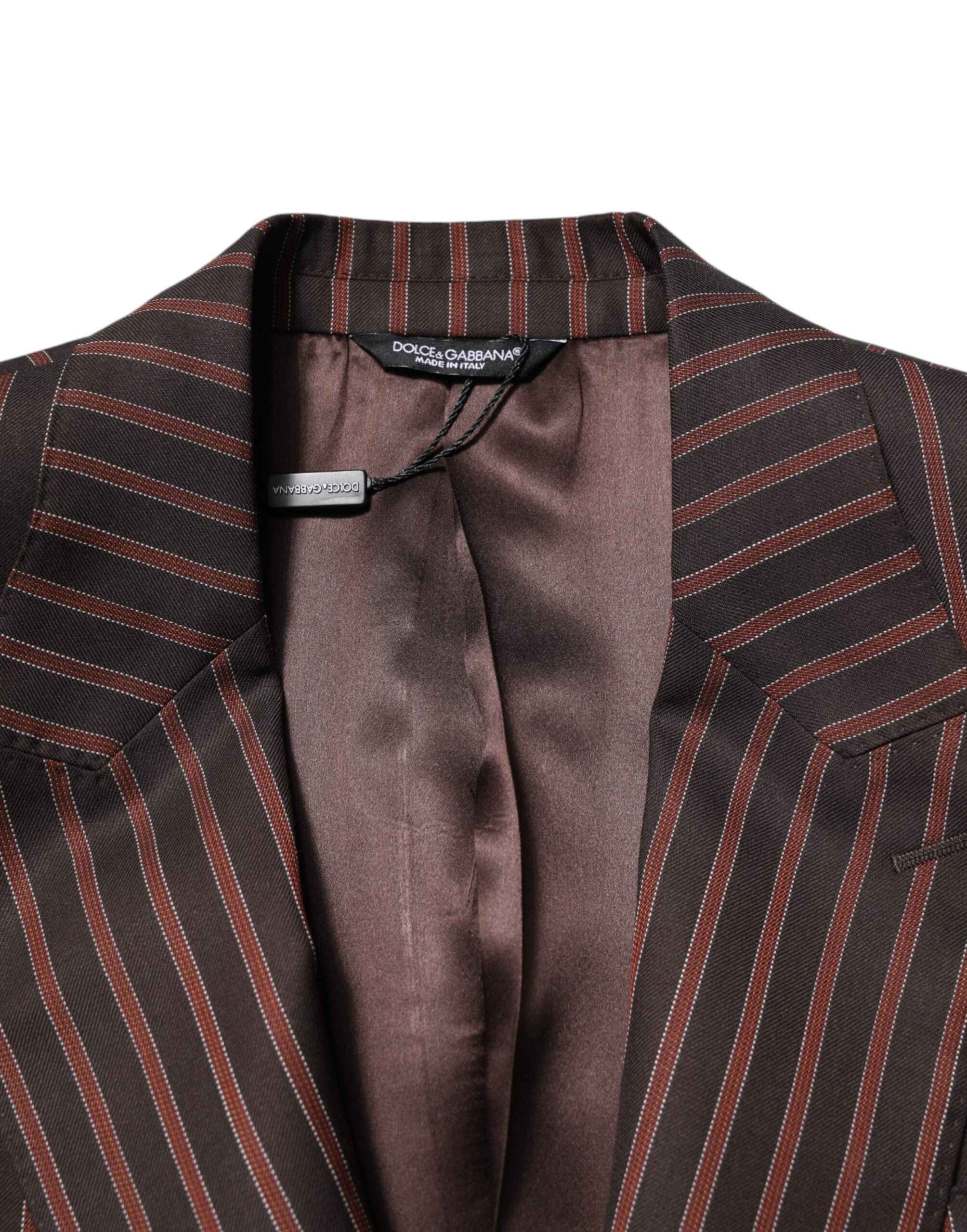 Veste blazer à rayures noires et brunes Dolce & Gabbana à simple boutonnière, vue de face.
