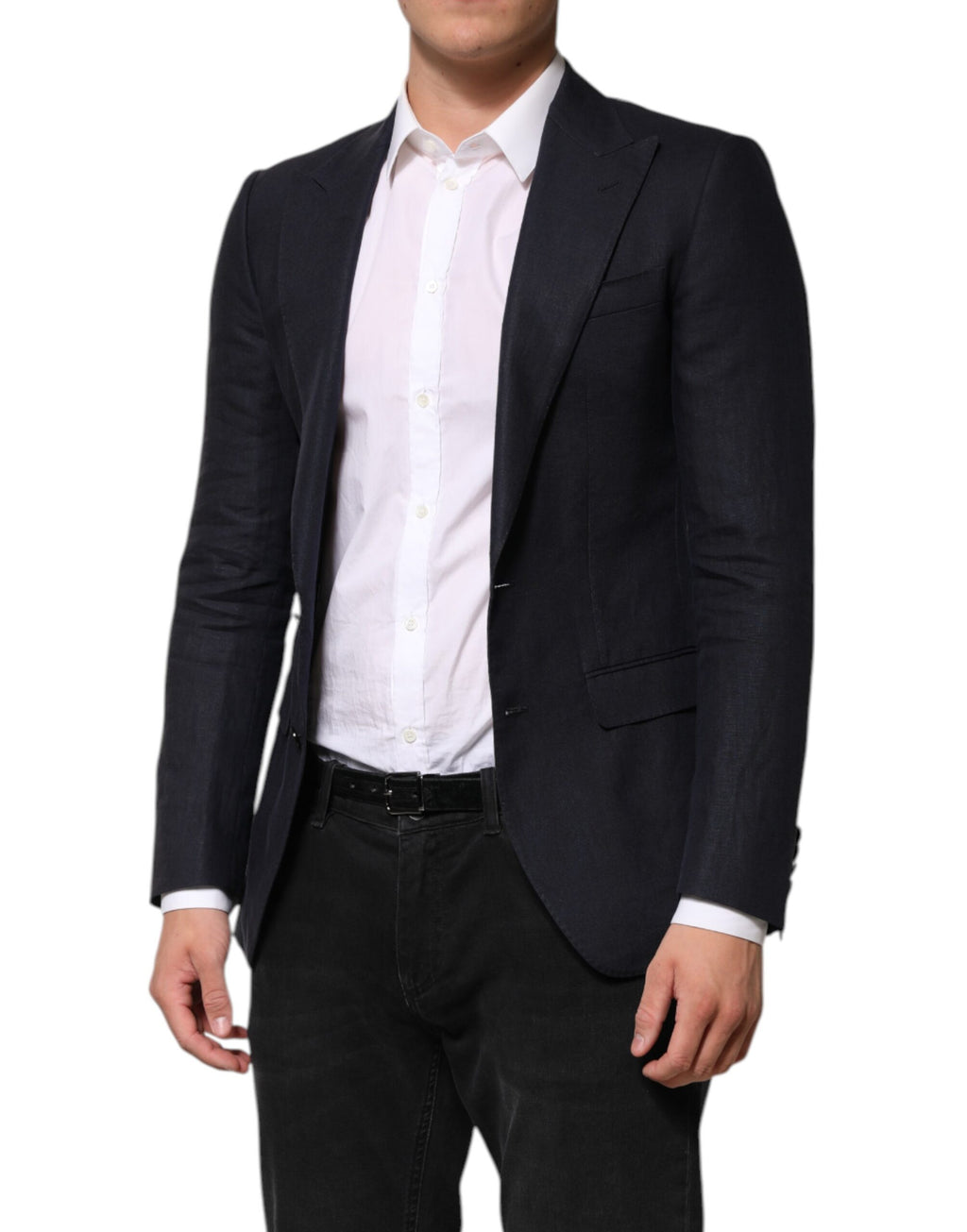 Costume pour homme Dolce & Gabbana, blazer bleu marine à un bouton, coupe élégante et classique, en tissu de qualité.