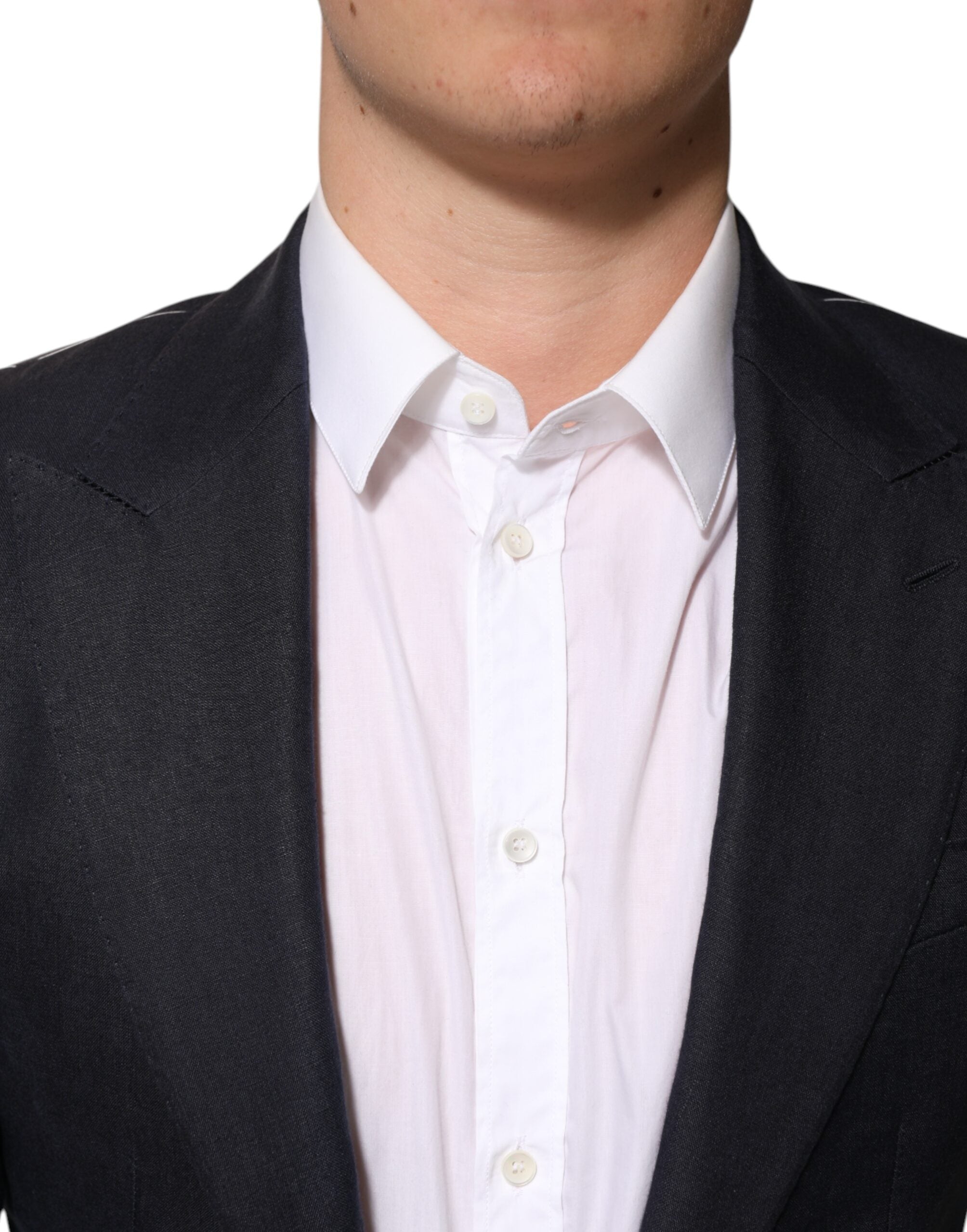 Costume homme Dolce & Gabbana, blazer bleu foncé à un bouton, coupe classique, tissu élégant, détails raffinés.