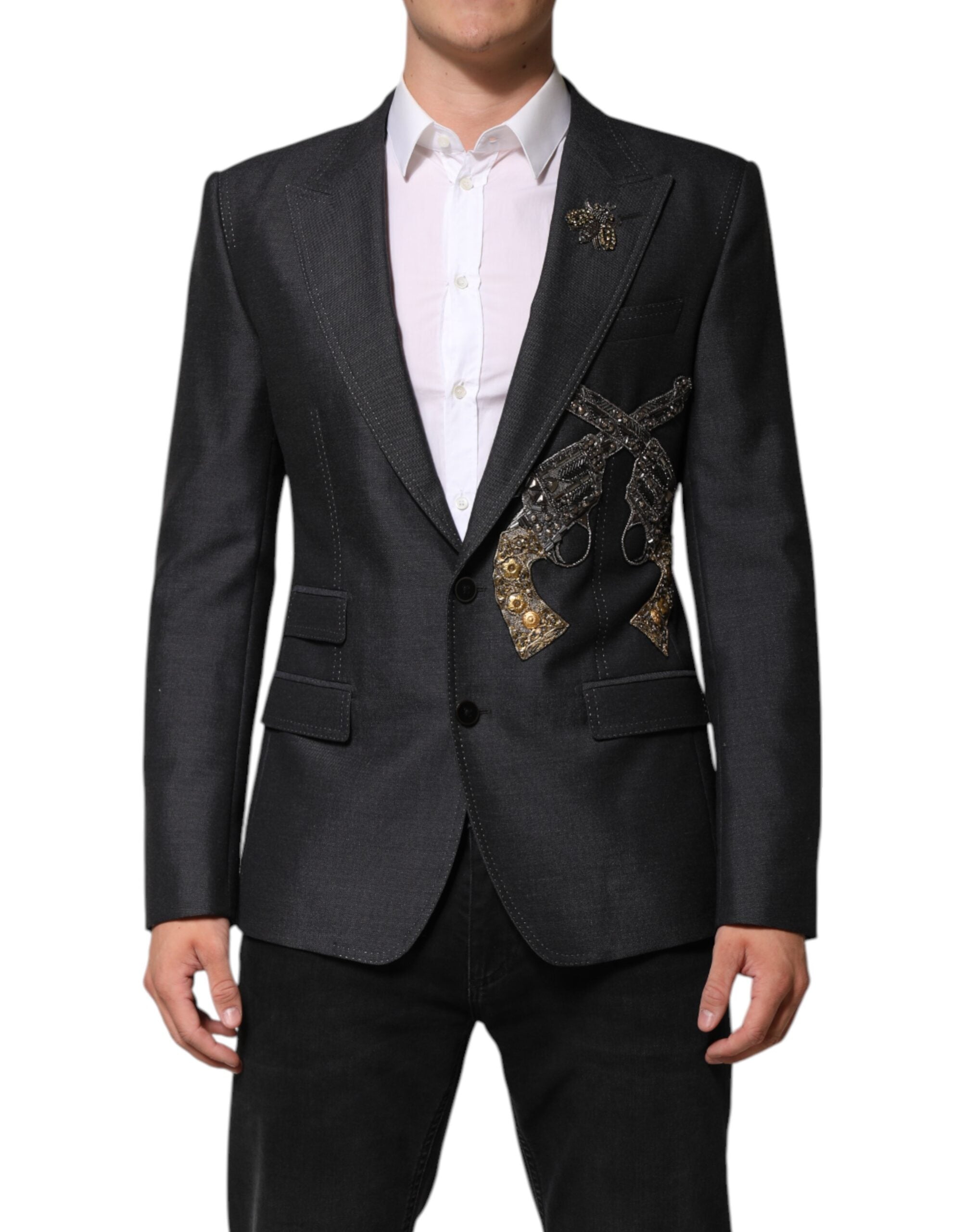 Manteau blazer en laine gris foncé avec broderie abeille Dolce & Gabbana, style élégant et sophistiqué.