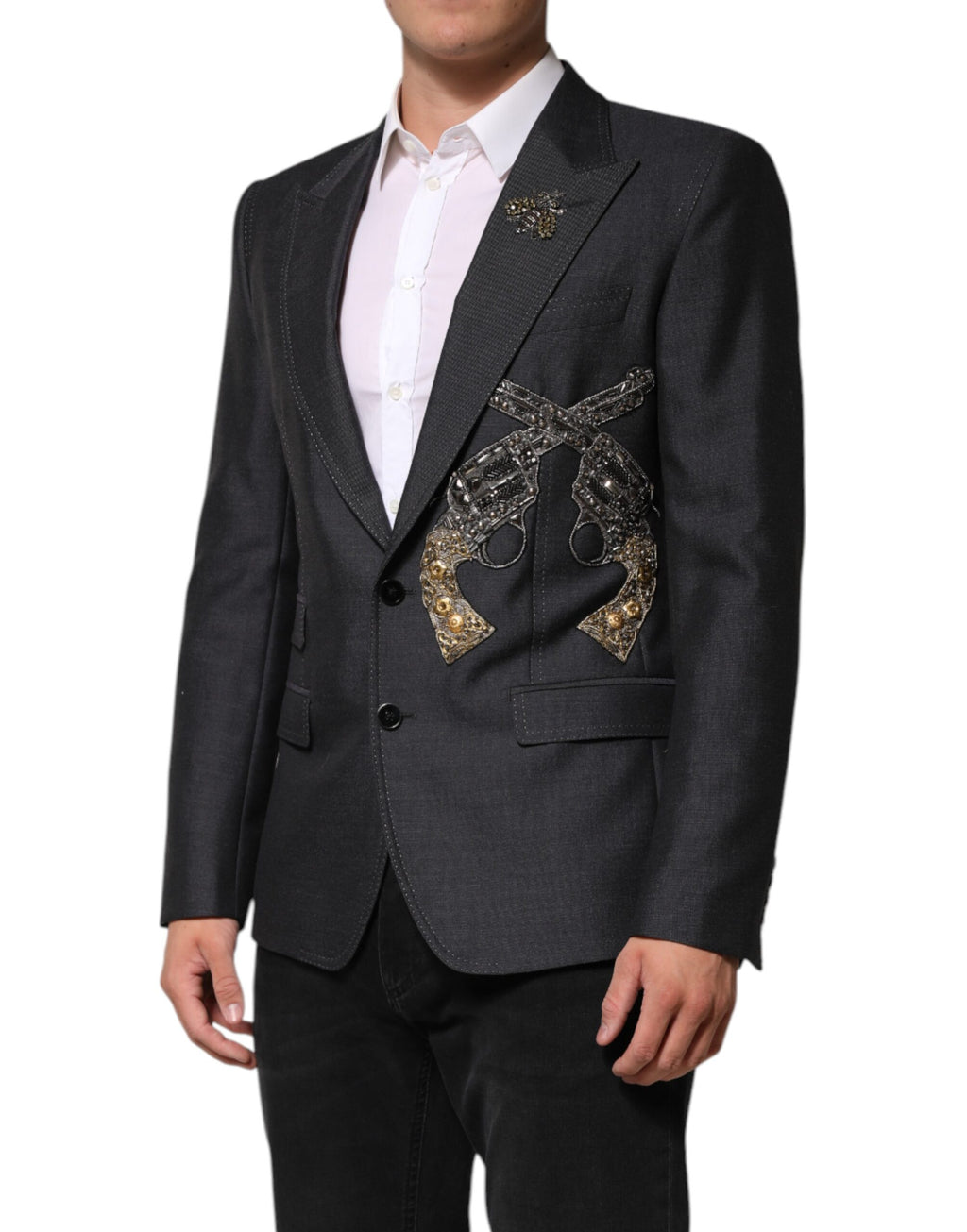 Manteau en laine gris foncé Dolce & Gabbana avec broderie abeille, blazer élégant et chaud pour femmes.