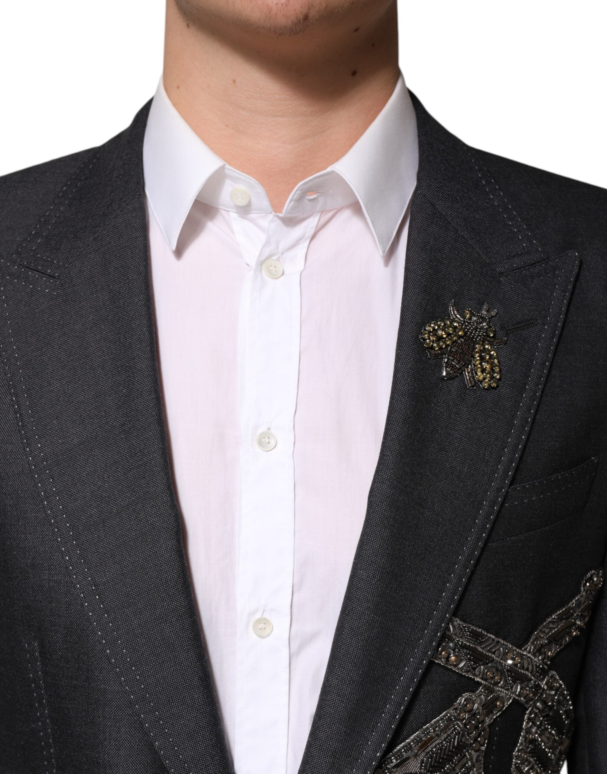 Manteau en laine gris foncé avec broderie d'abeille Dolce & Gabbana, blazer élégant et chaud pour femme.