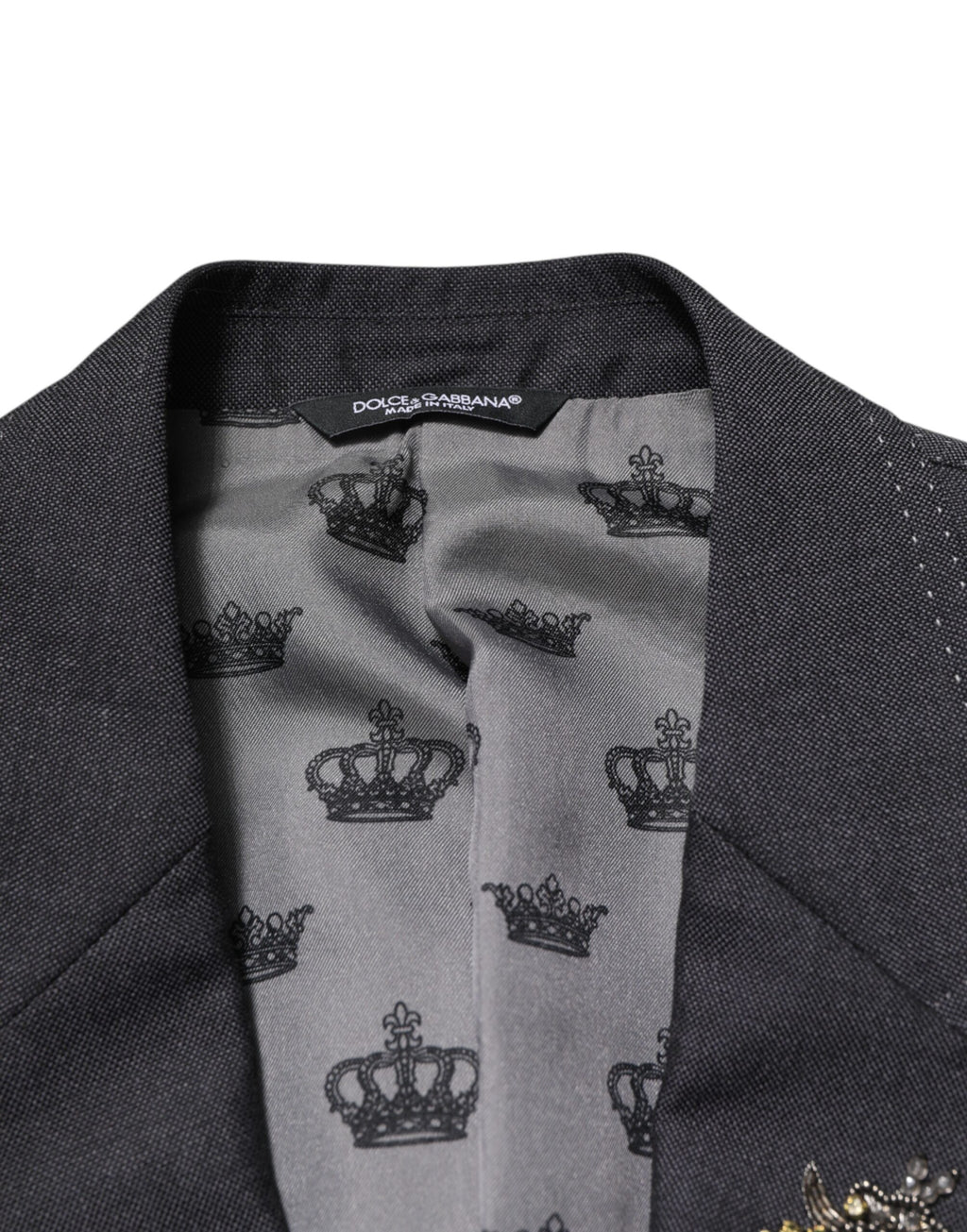 Manteau en laine gris foncé Dolce & Gabbana avec broderie d'abeille, blazer élégant et chaud pour femme.