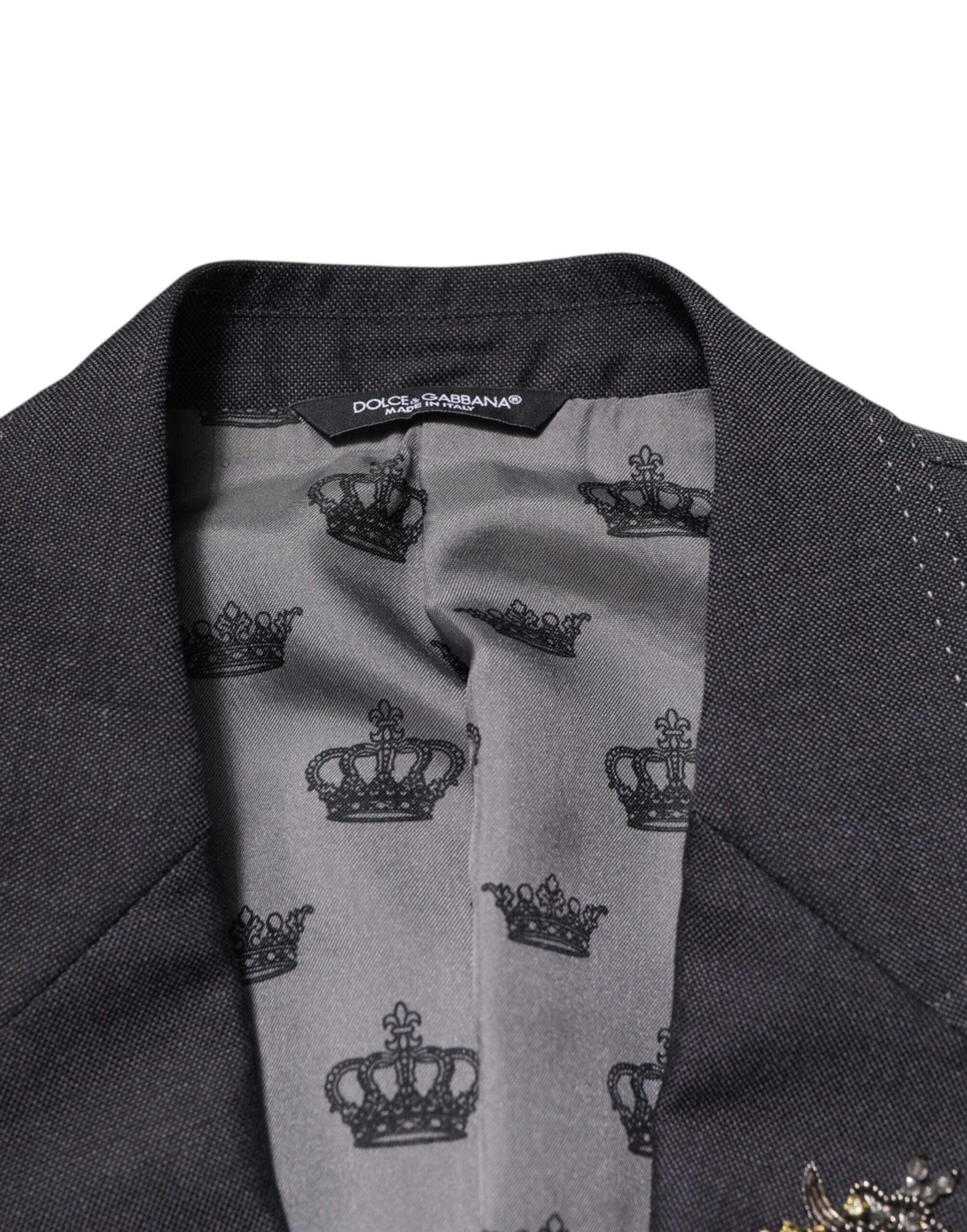 Manteau en laine gris foncé Dolce & Gabbana avec broderie d'abeille, blazer élégant et chaud pour femme.