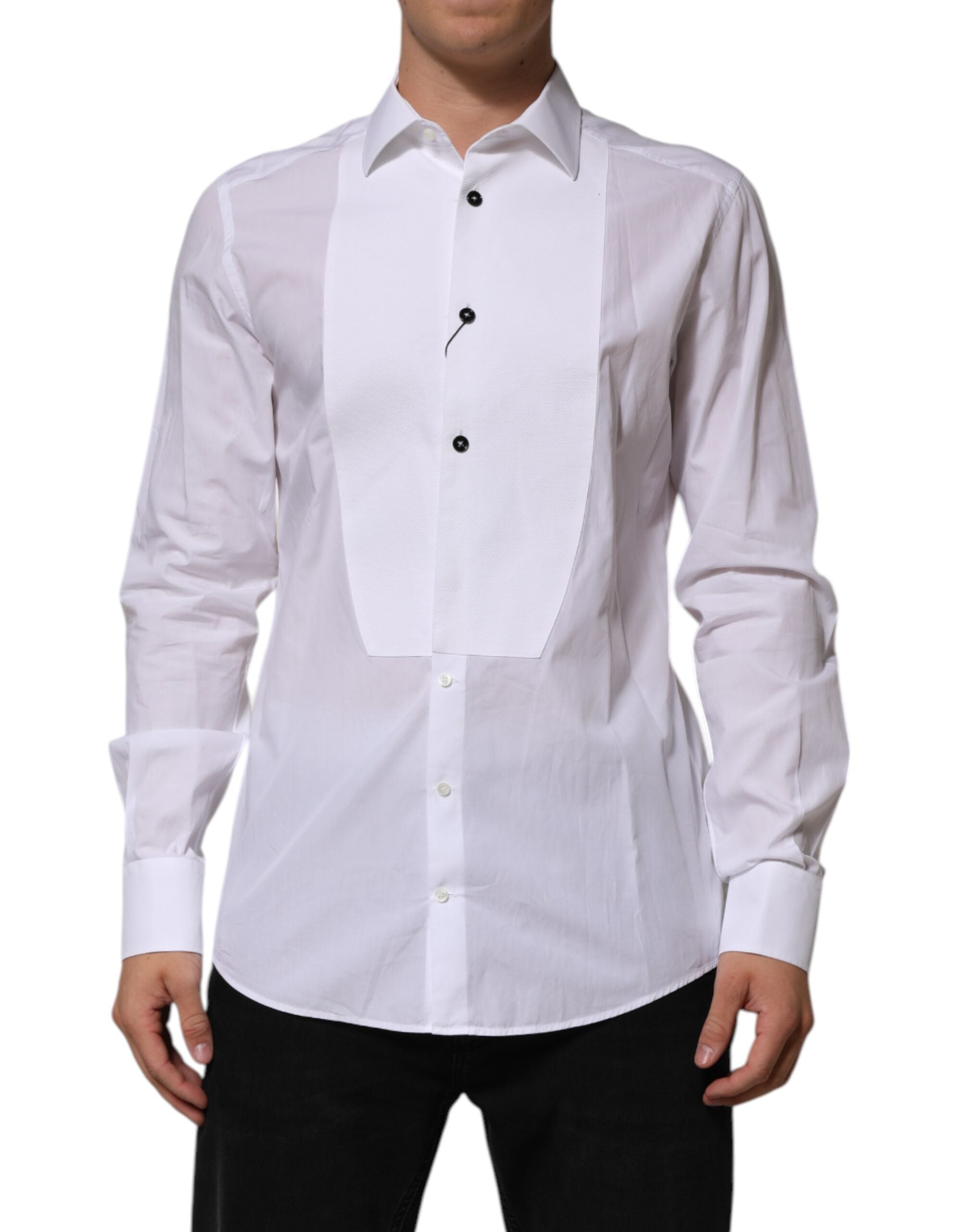 Chemise formelle blanche Dolce & Gabbana en coton popeline avec détails dorés pour homme