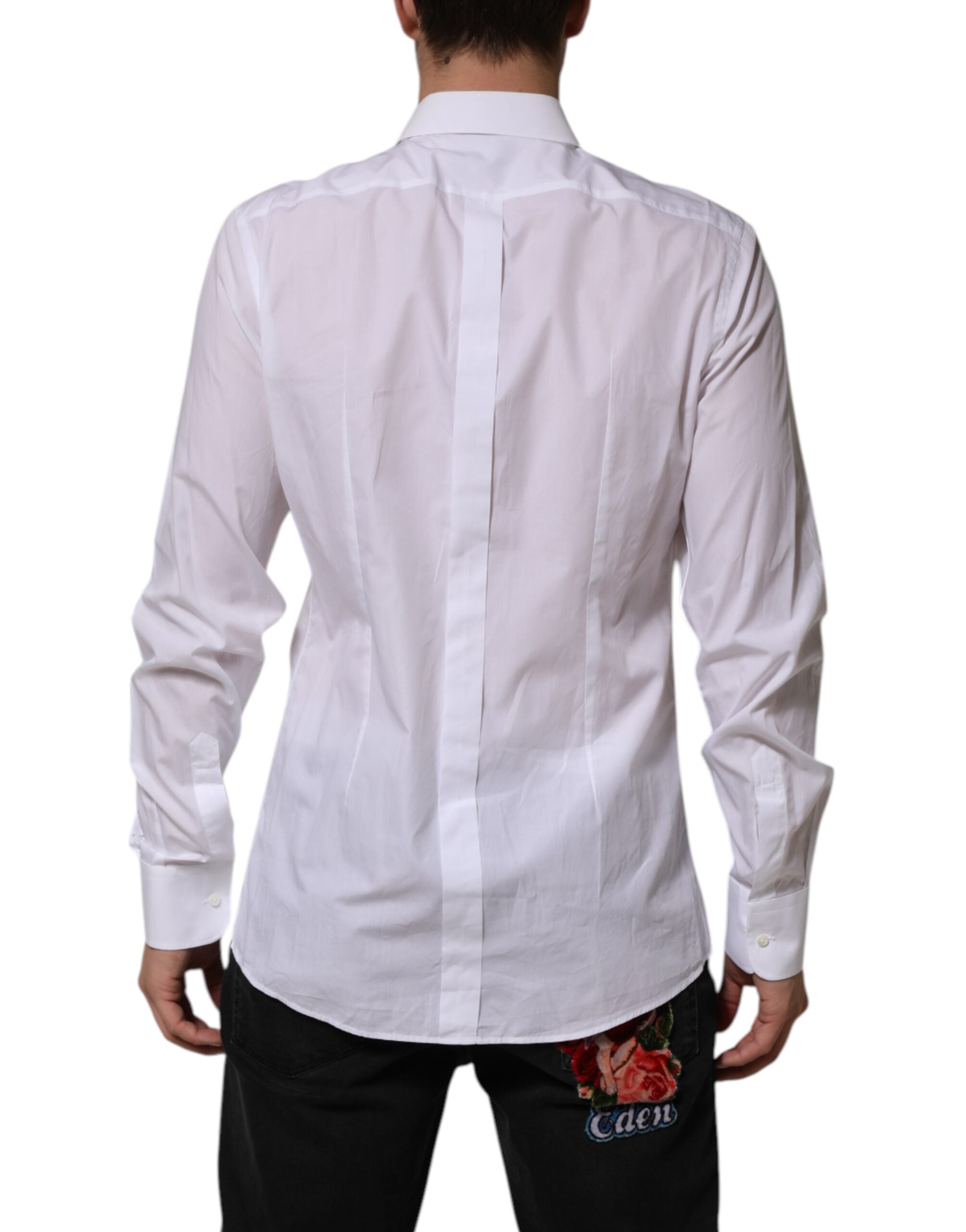 Chemise de costume blanche Dolce & Gabbana en coton popeline avec détails dorés pour homme.