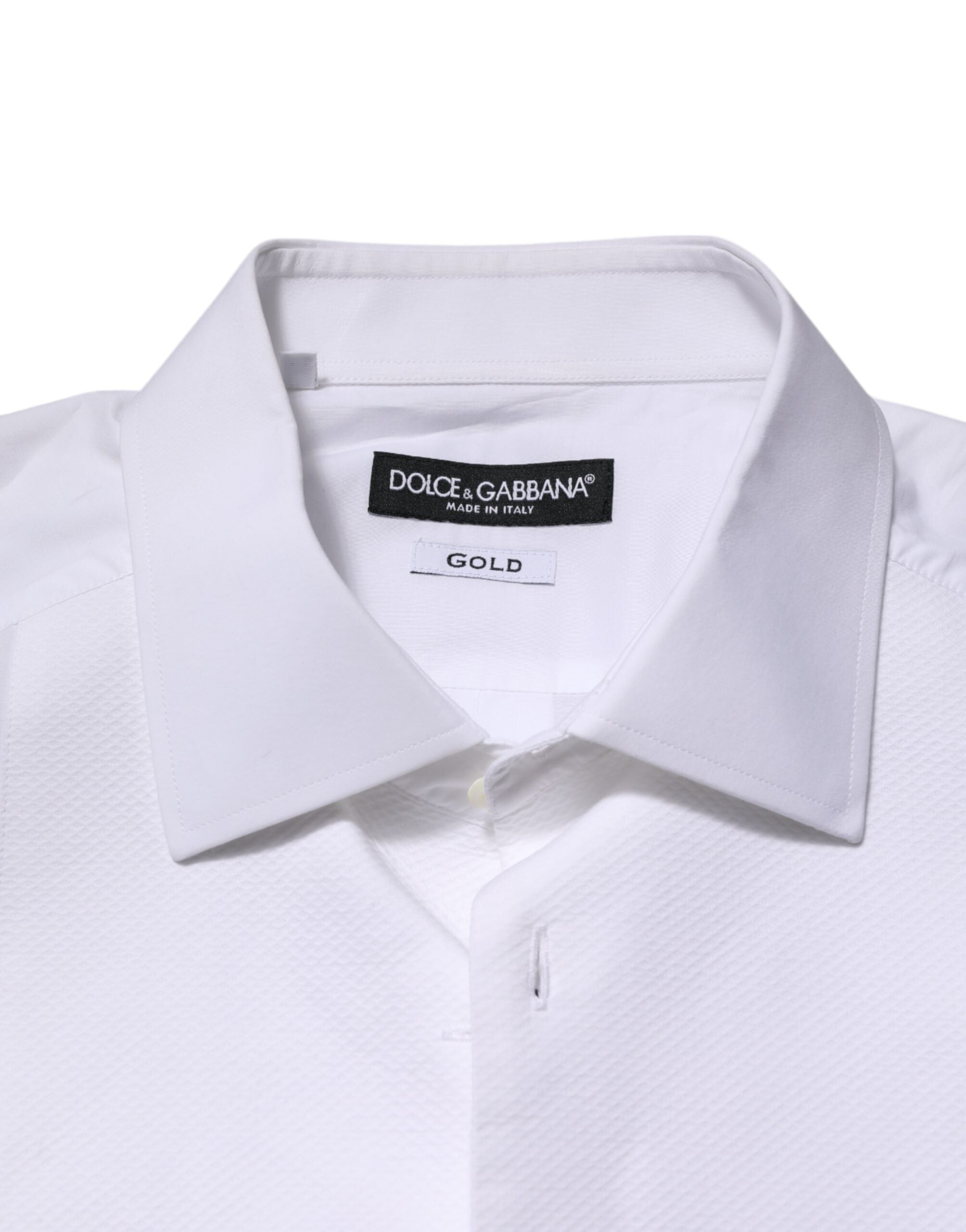 Chemise formelle blanche en coton popeline Dolce & Gabbana pour homme, avec détails en or.